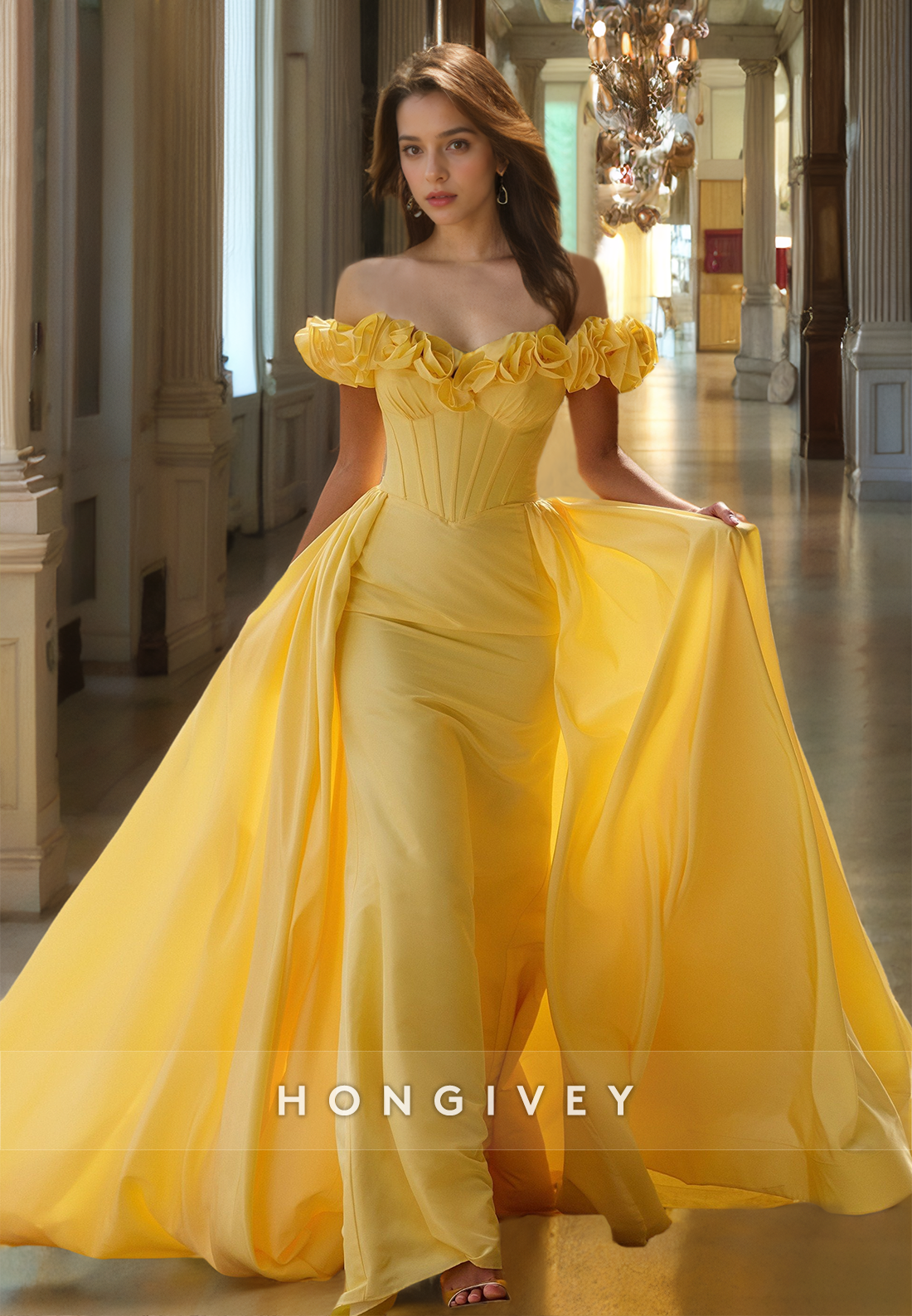 Offshoulder Yellow Evening Dress Elegant Formal Party Gown With Train