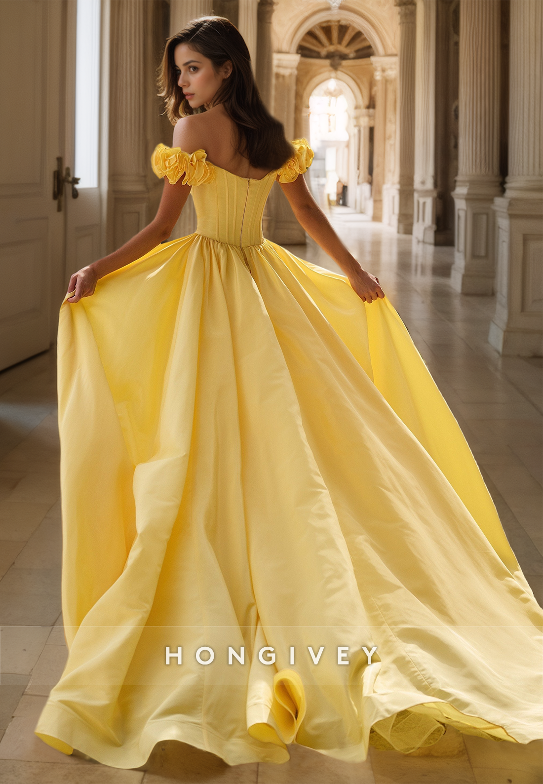 Offshoulder Yellow Evening Dress Elegant Formal Party Gown With Train