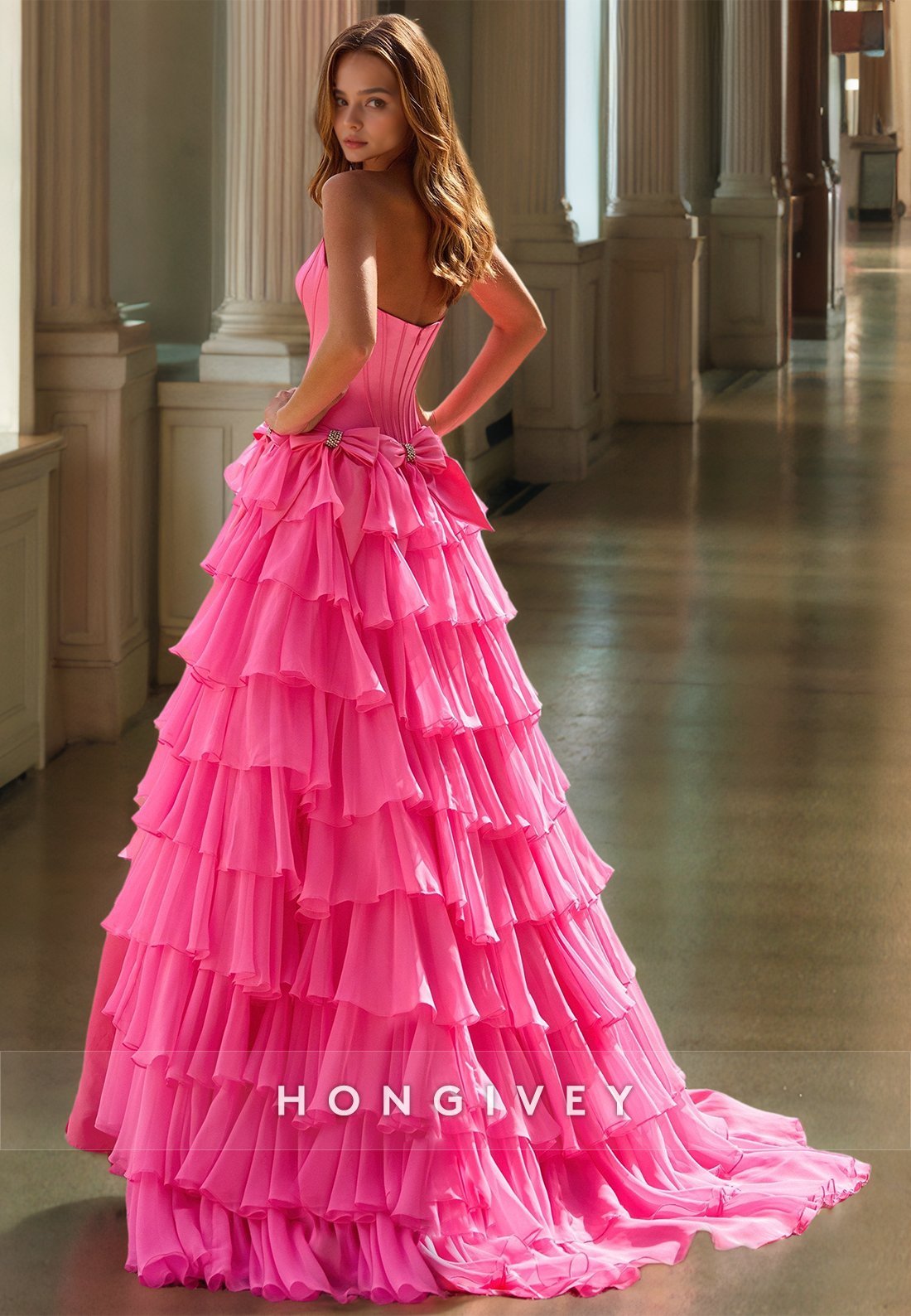 Pink Strapless Aline Prom Gown Tiered Ruched Long Party Dress With Side Slit