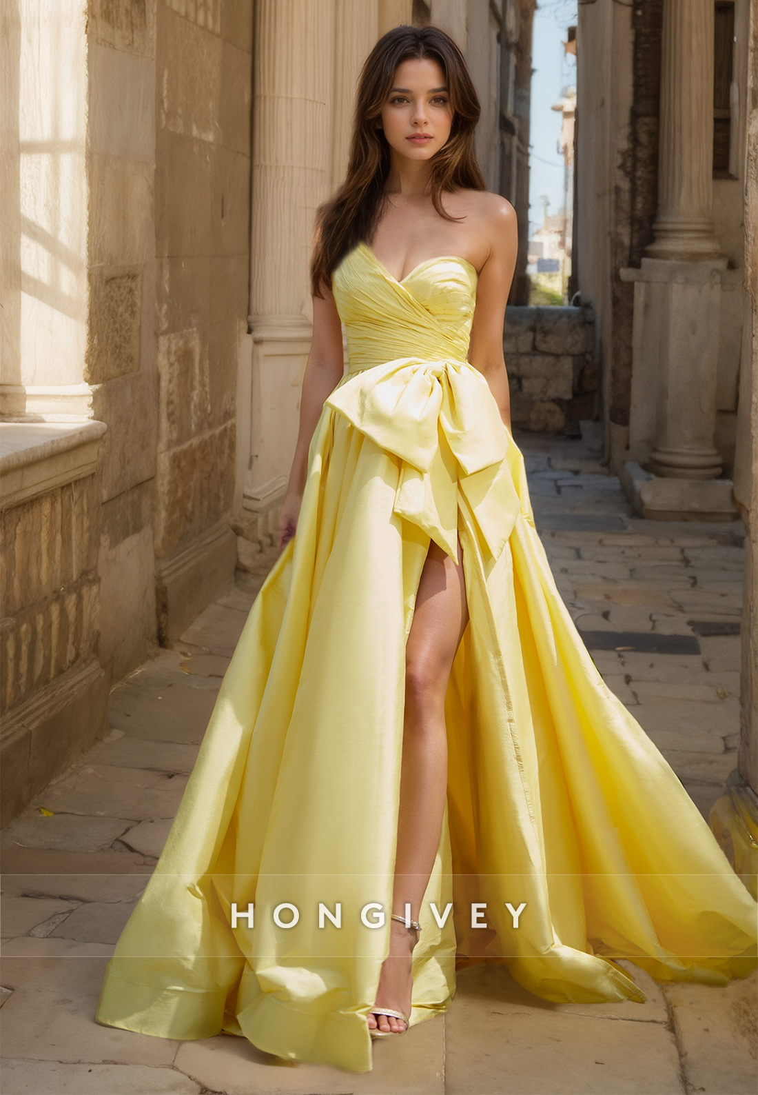 Sweetheart Aline Prom Gown With Bow Yellow Side Slit Formal Evening Dress