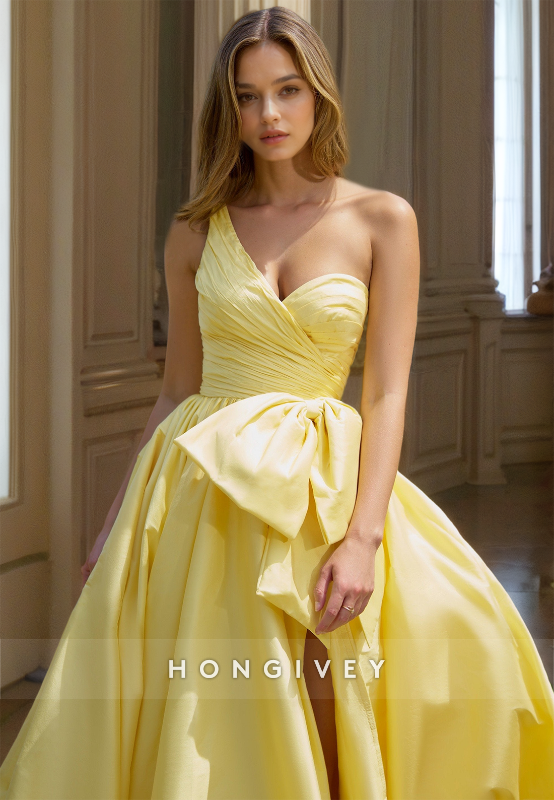 Sweetheart Aline Prom Gown With Bow Yellow Side Slit Formal Evening Dress