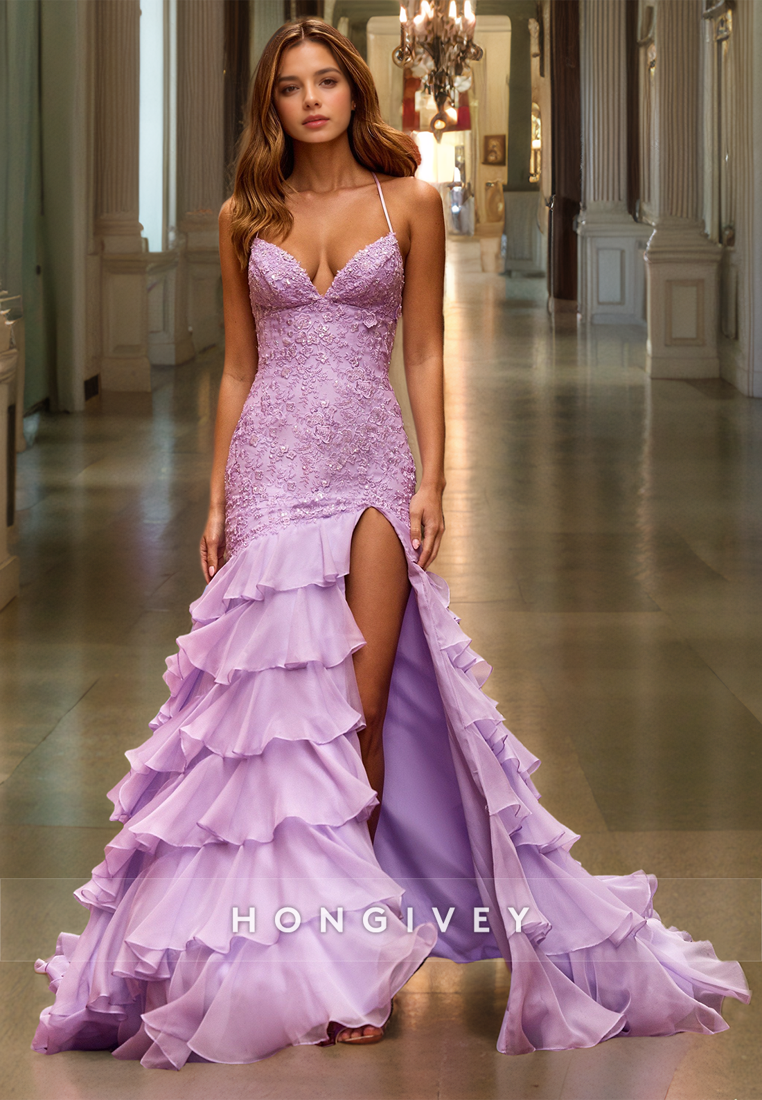 Luxury Lilac Mermaid Evening Dress Lace Applique Tiered Backless Prom Gown