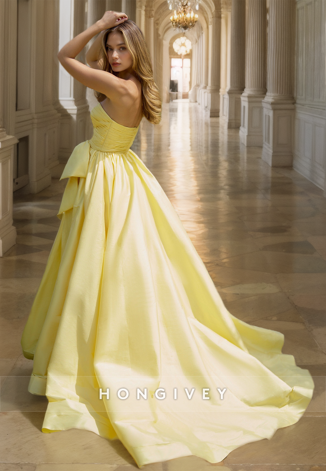 Sweetheart Aline Prom Gown With Bow Yellow Side Slit Formal Evening Dress