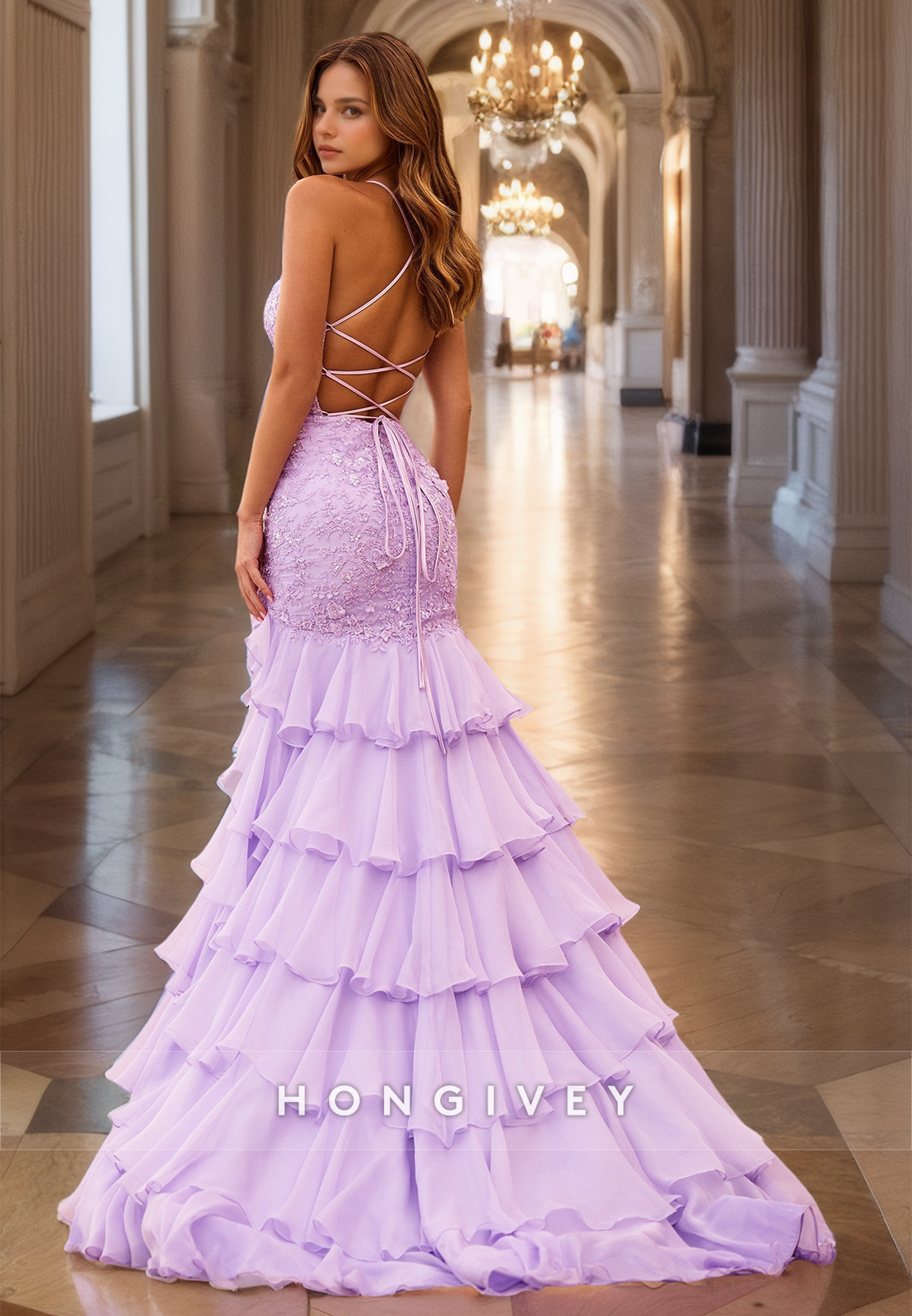 Luxury Lilac Mermaid Evening Dress Lace Applique Tiered Backless Prom Gown