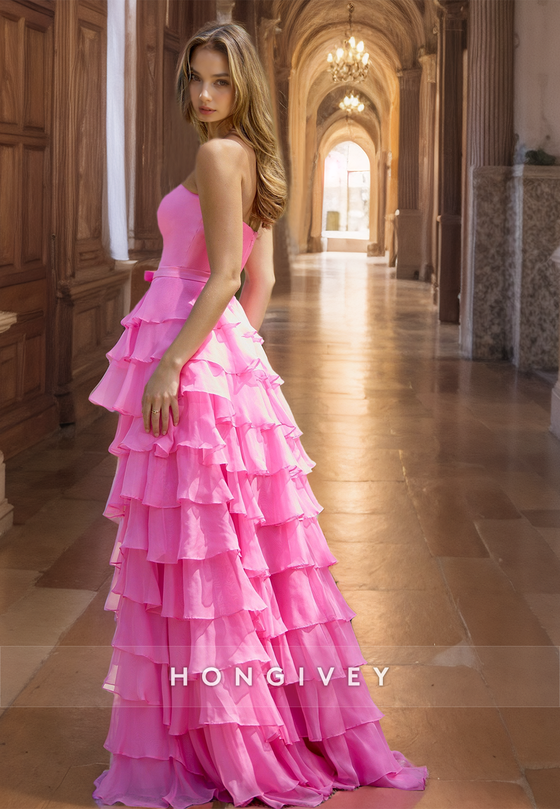 Pink Strapless Tulle Aline Prom Gown Side Slit Tiered Formal Party Homecoming