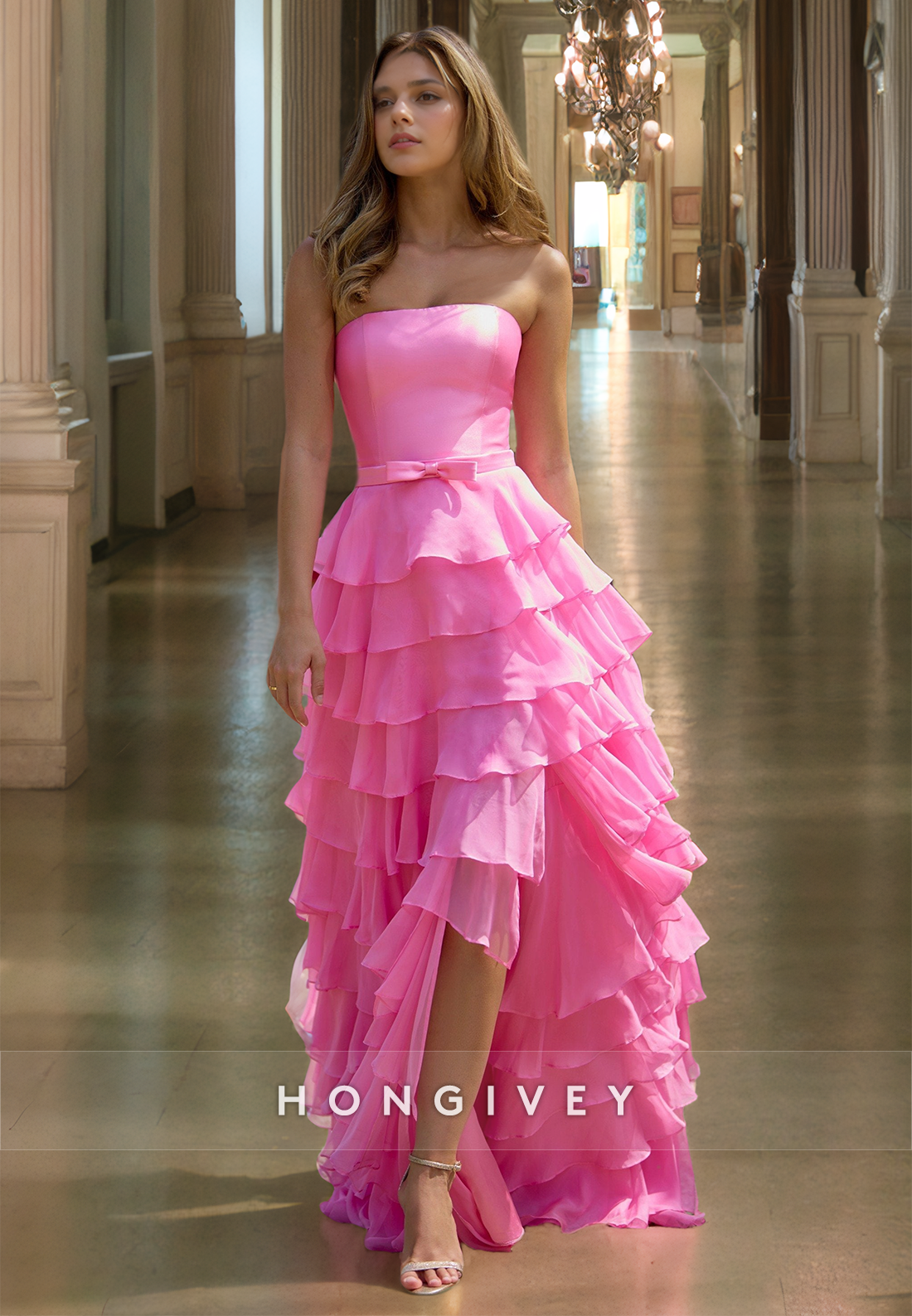 Pink Strapless Tulle Aline Prom Gown Side Slit Tiered Formal Party Homecoming