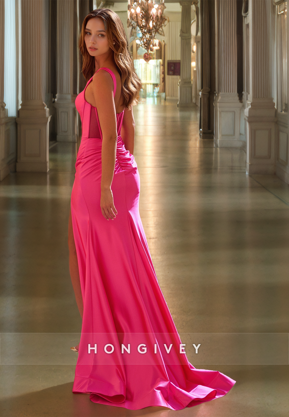 Fuchsia Straps Satin Evening Dress Classic Solid Side Slit Prom Gown Custom