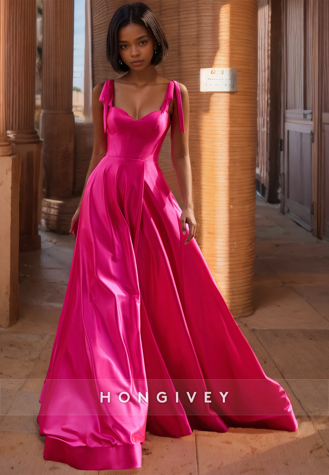 Straps Aline Prom Dress Fuchsia Simple Satin Evening Dress With Train