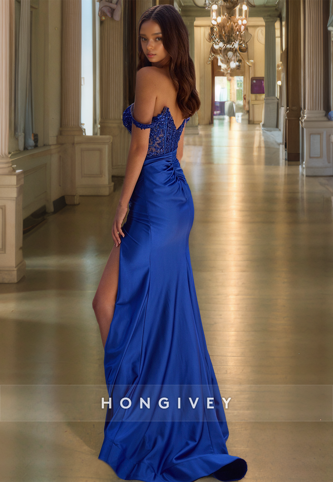 Straps Lace Applique Evening Dress Royal Blue Trumpet Formal Party Gown