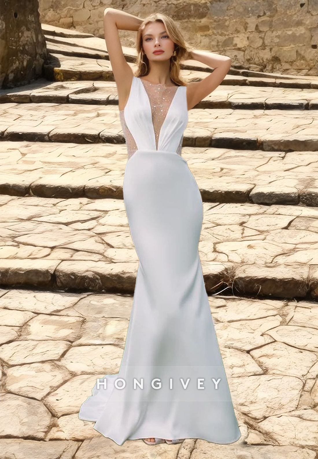 Sexy Satin Mermaid Wedding Dresses Beach Vneck Backless Beaded Bride Dress