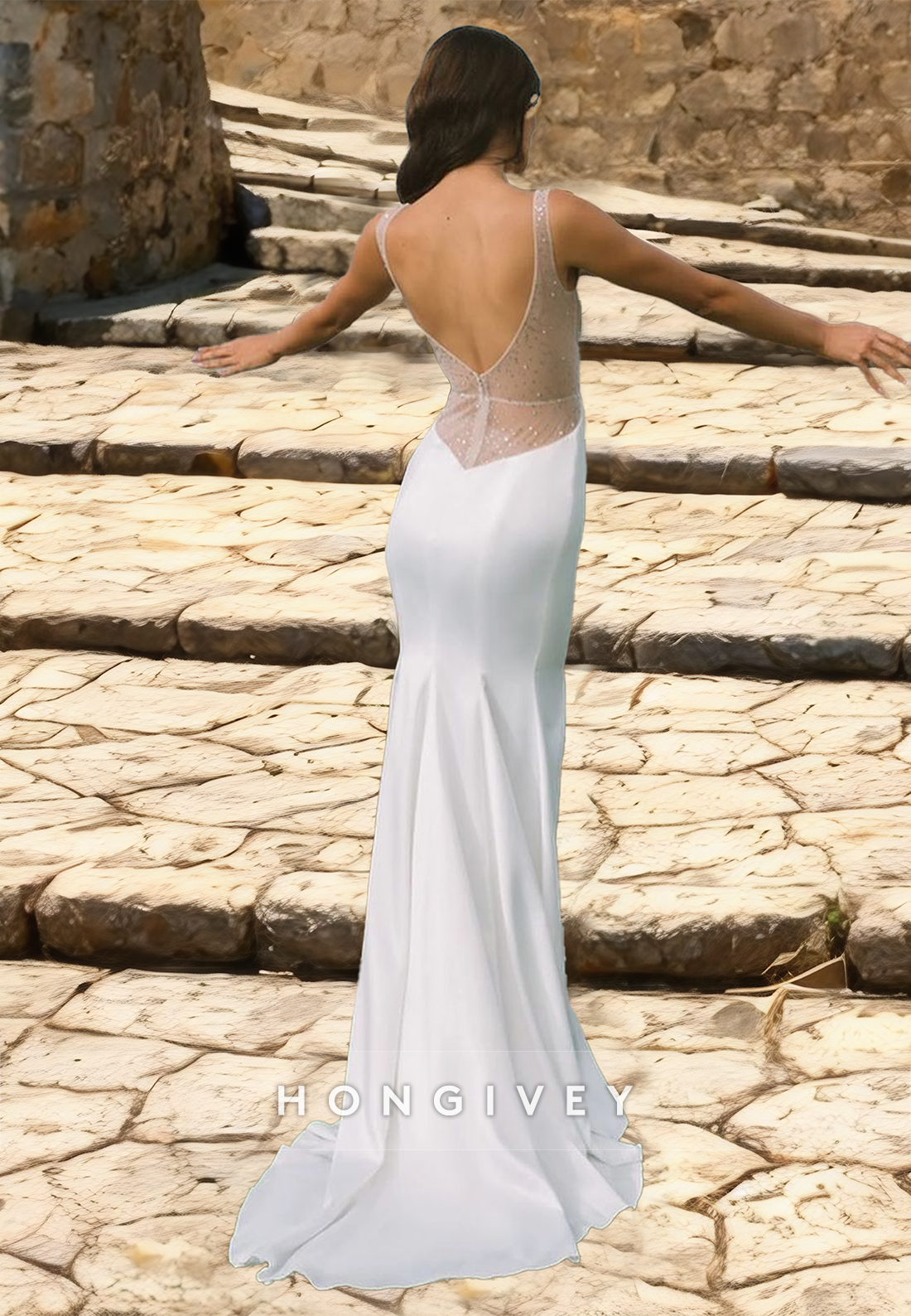 Sexy Satin Mermaid Wedding Dresses Beach Vneck Backless Beaded Bride Dress