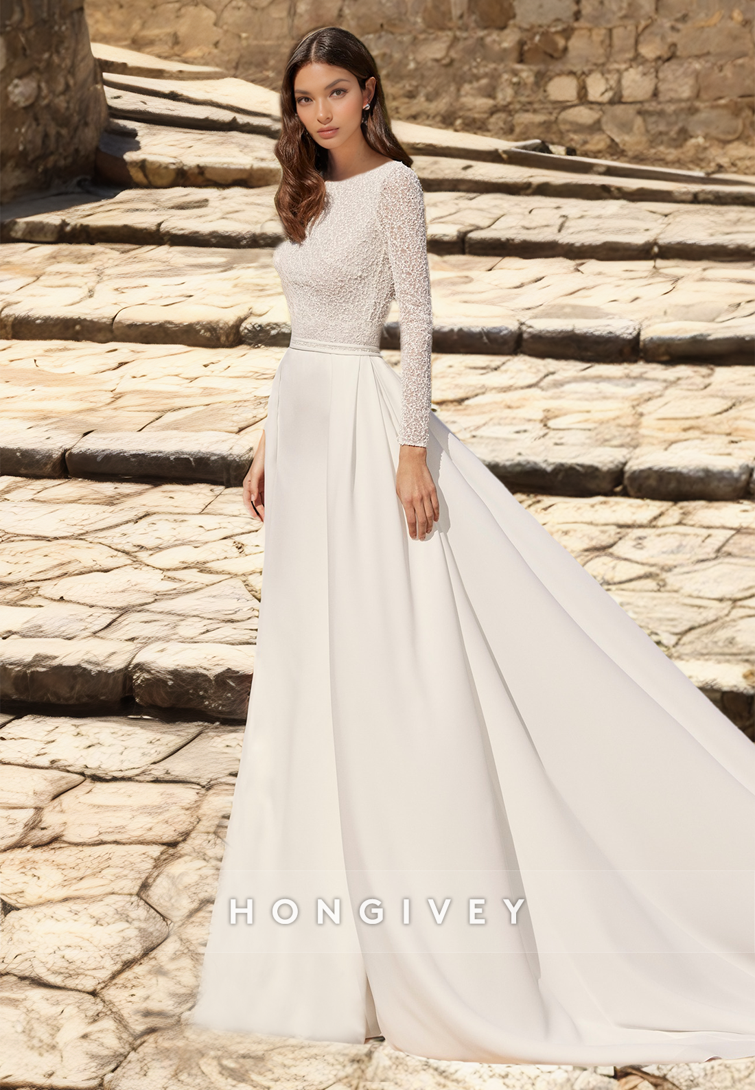 Wedding Dresses With Train New Lace Long Sleeves Bateau Aline Bride Dress