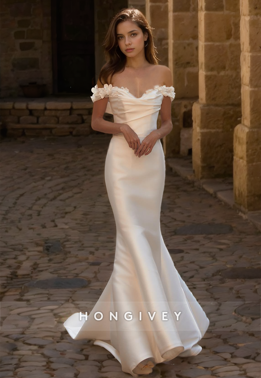 Offshoulder Wedding Dress With Train Elegant New Satin Mermaid Bride Gown