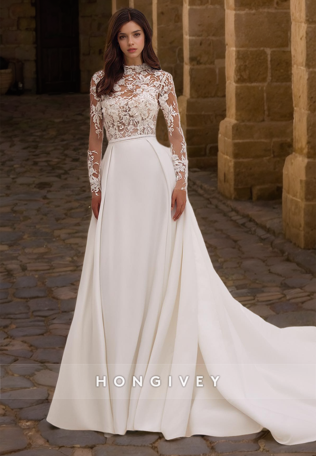 Beaded Applique Wedding Dress High Neck Long Sleeves Aline Beach Bride Gown