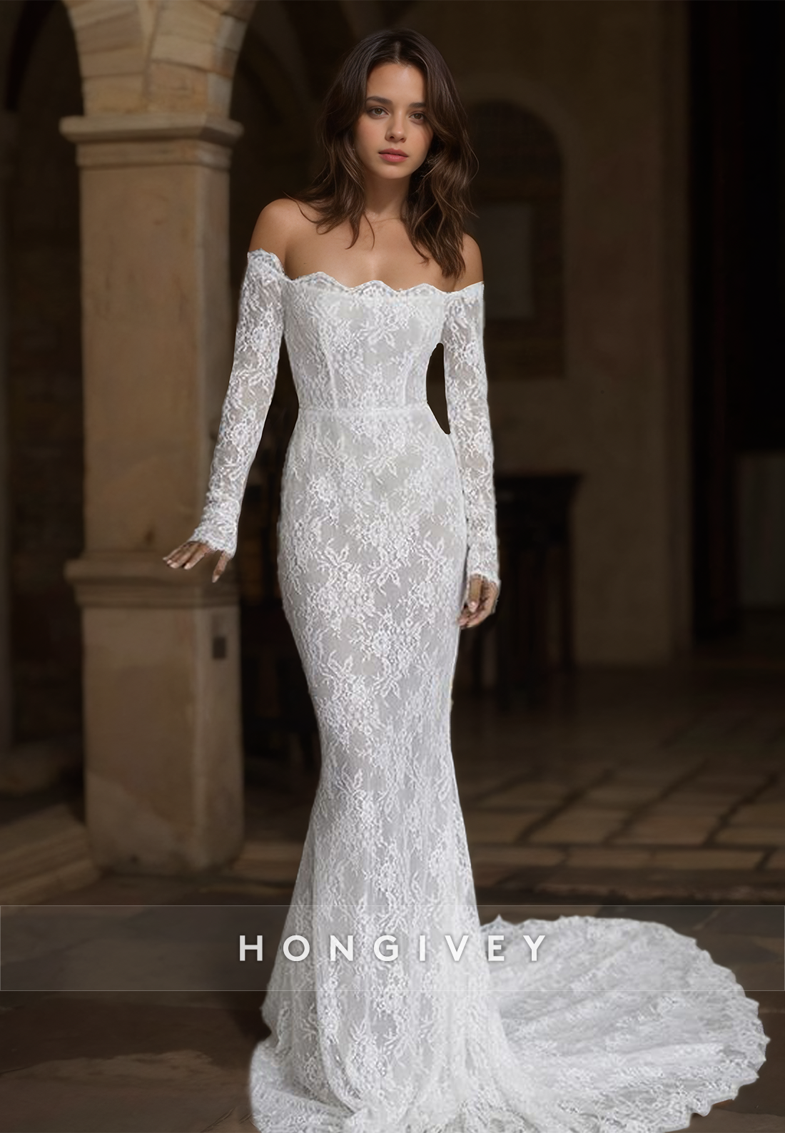 Full Lace Applique Mermaid Wedding Dress With Train Long Sleeves Bride Gown