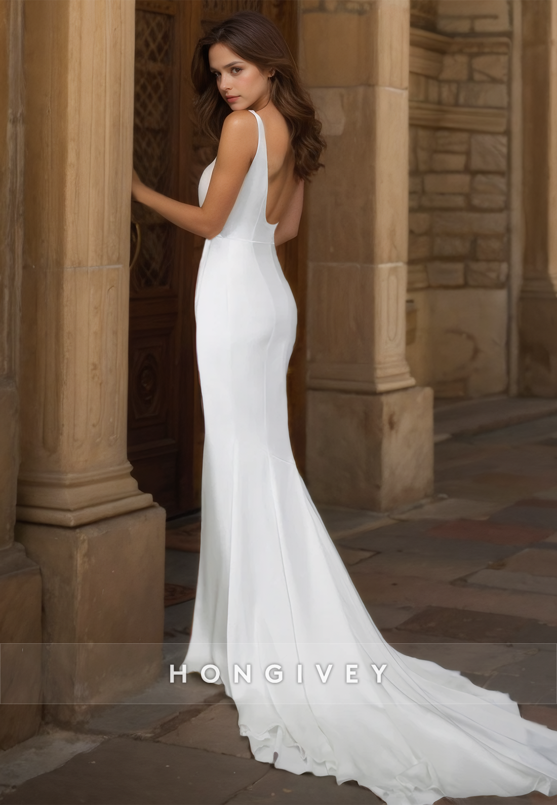 Straps Backless Satin Mermaid Wedding Dress With Side Slit Simple Bride Gown