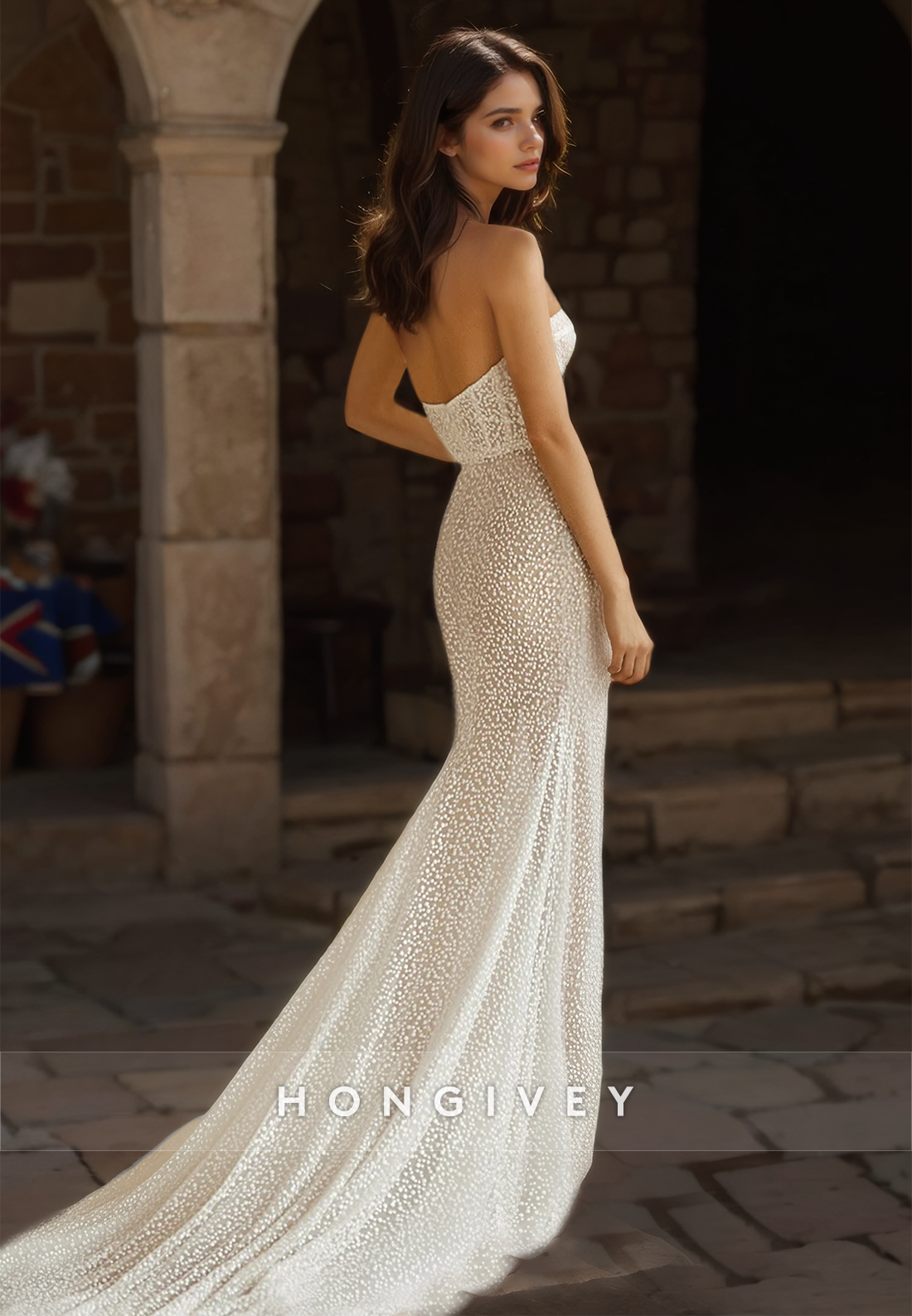 Sexy Sheer Strapless Wedding Dress With Side Slit Sleeveless Bridal Dresses