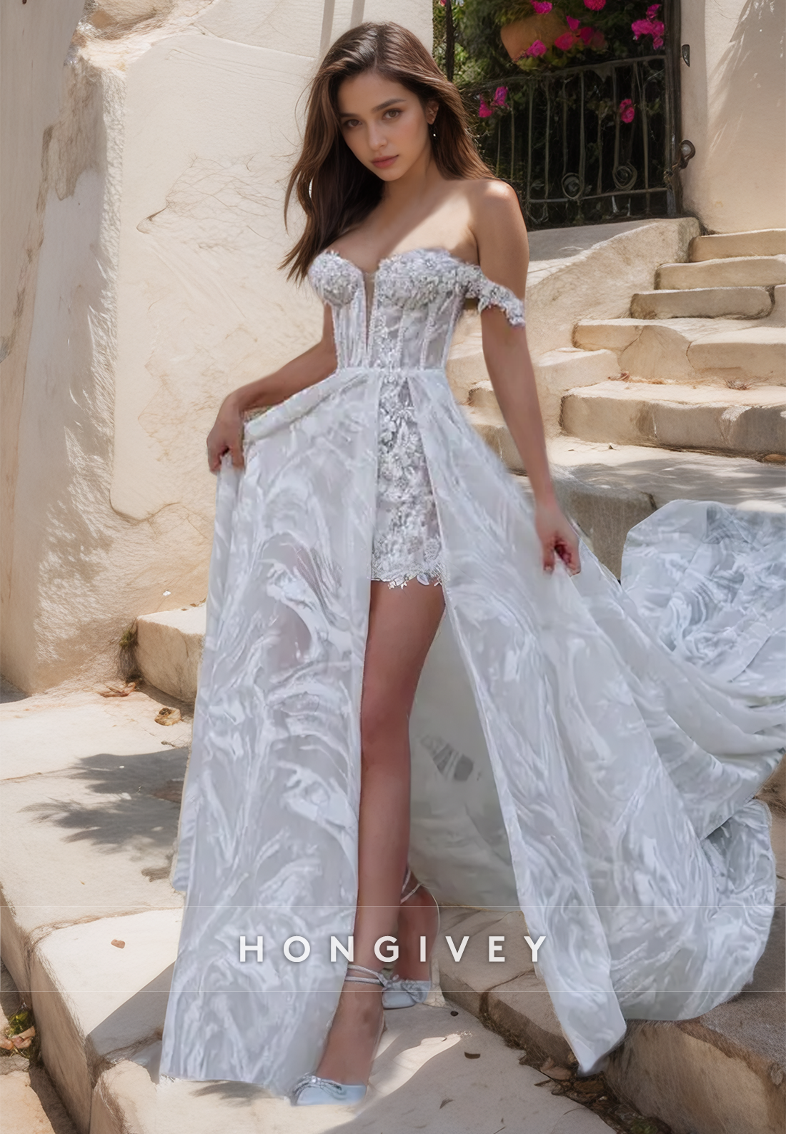 Lace Applique Wedding Dress With Side Slit Aline Offshoulder Bride Gown