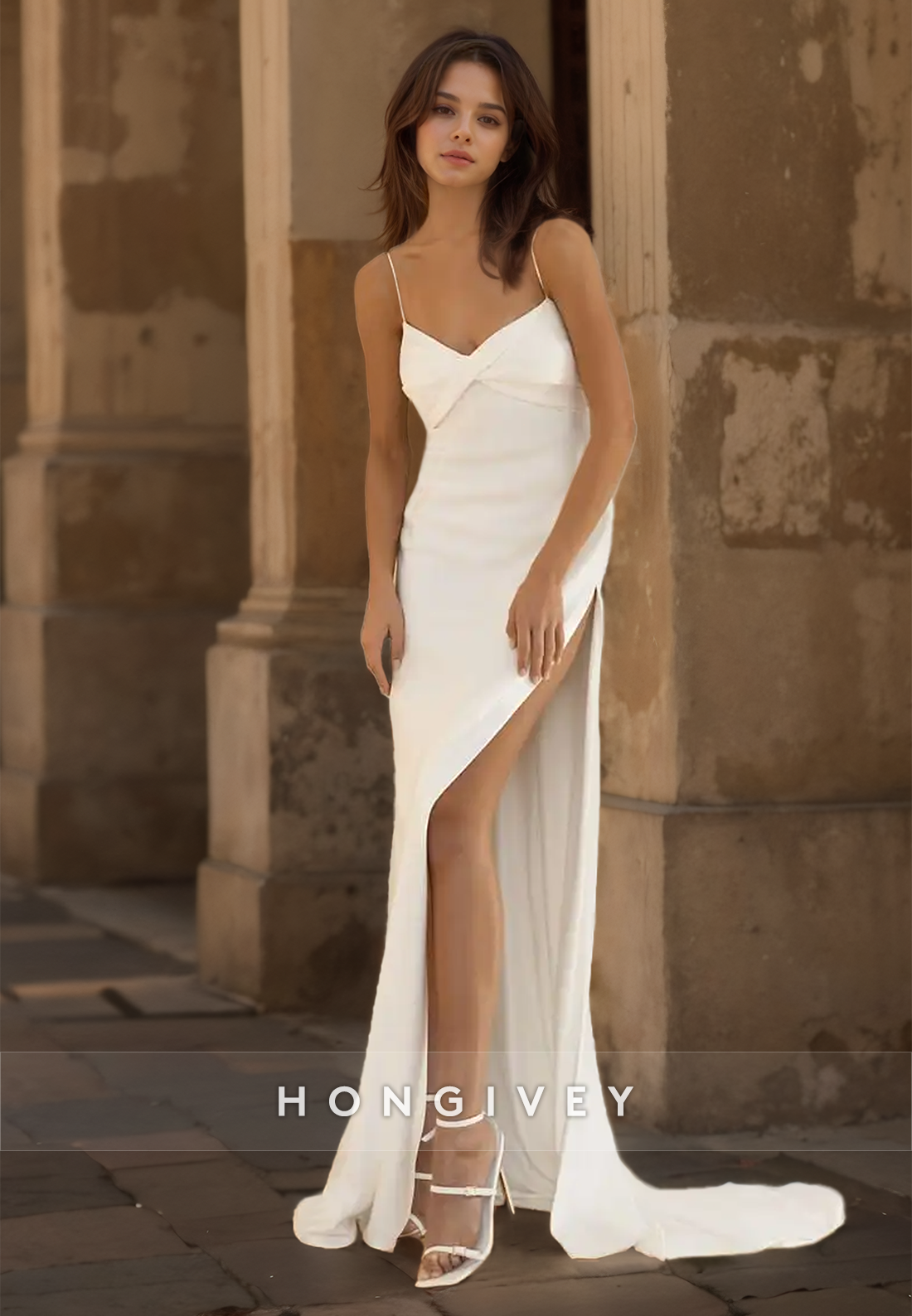 Straps Wedding Dress With Side Slit Simple Sleeveless Satin Bride Gown