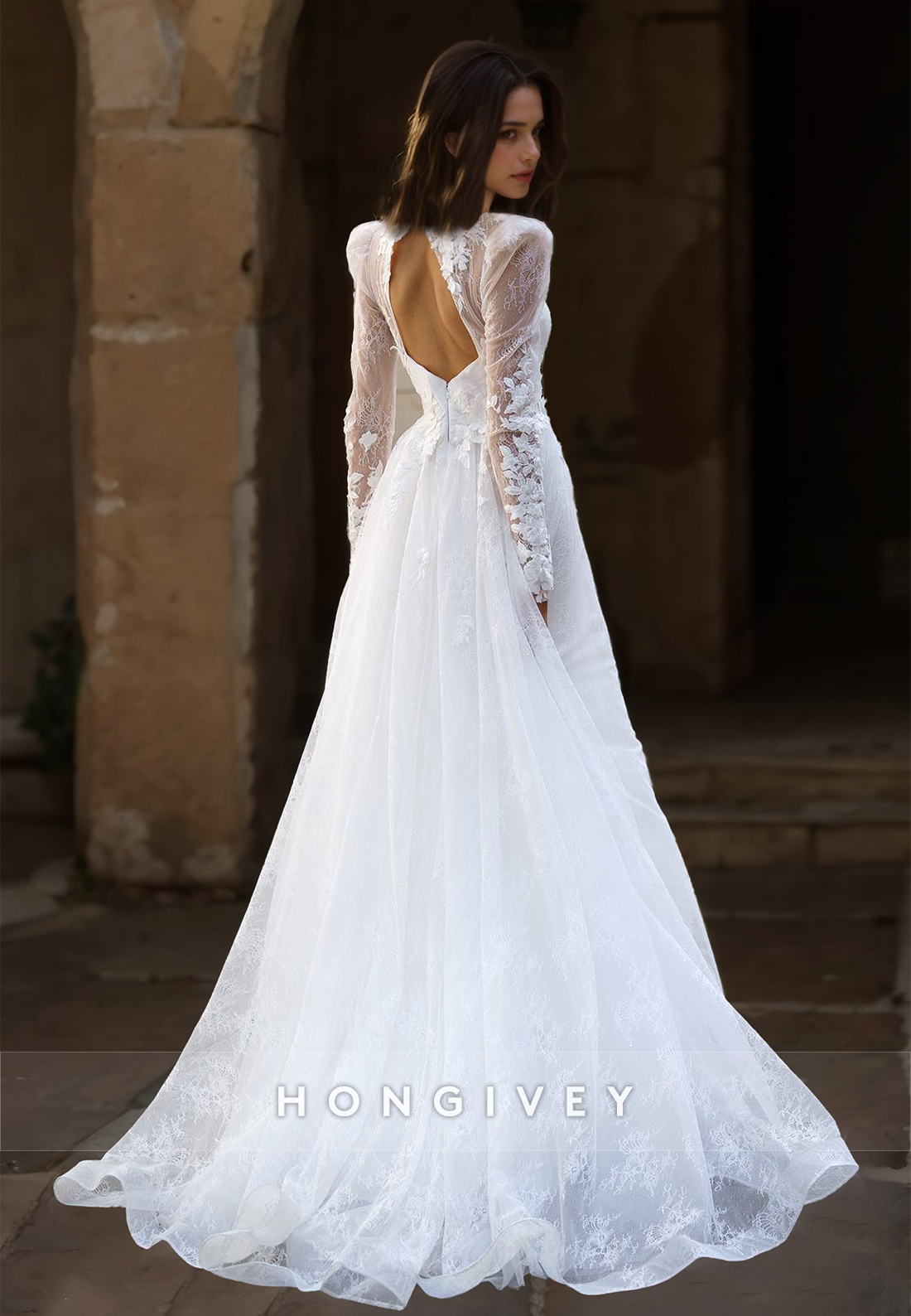 High Neck Tulle Wedding Dress Long Sleeves Lace Applique Floorlength Bride Gown