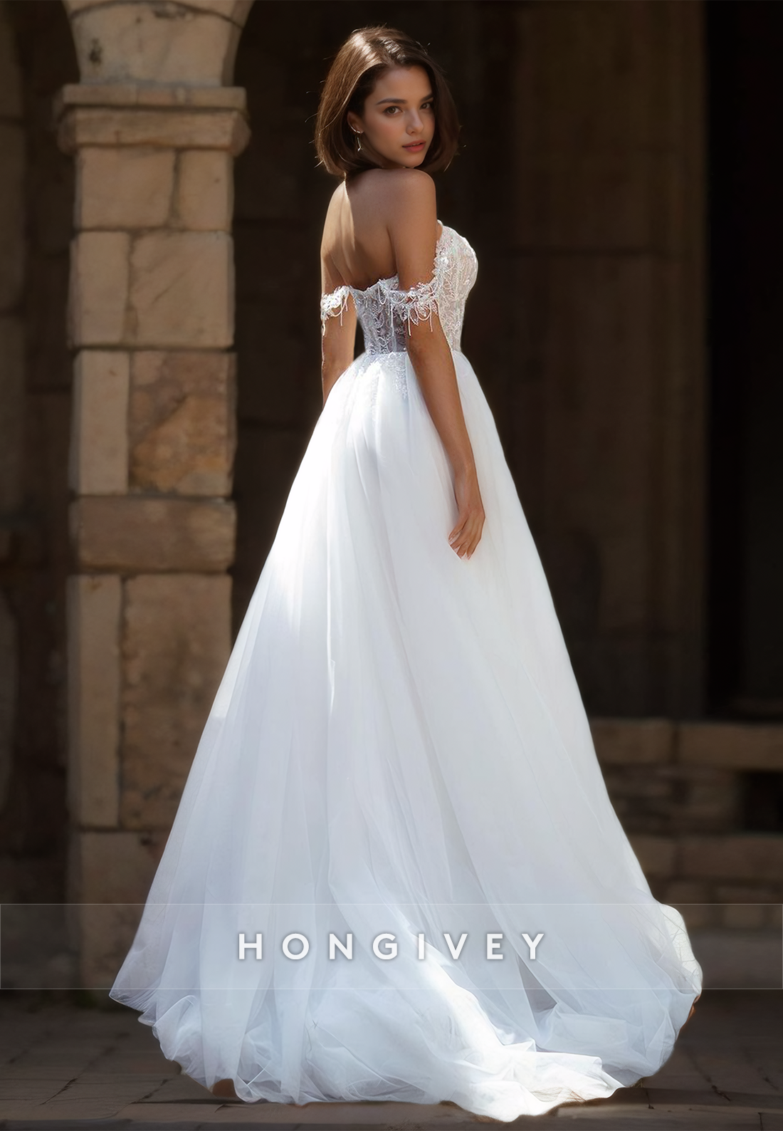 Stunning Tulle Wedding Dress Side Slit Aline Offshoulder Bride Gown