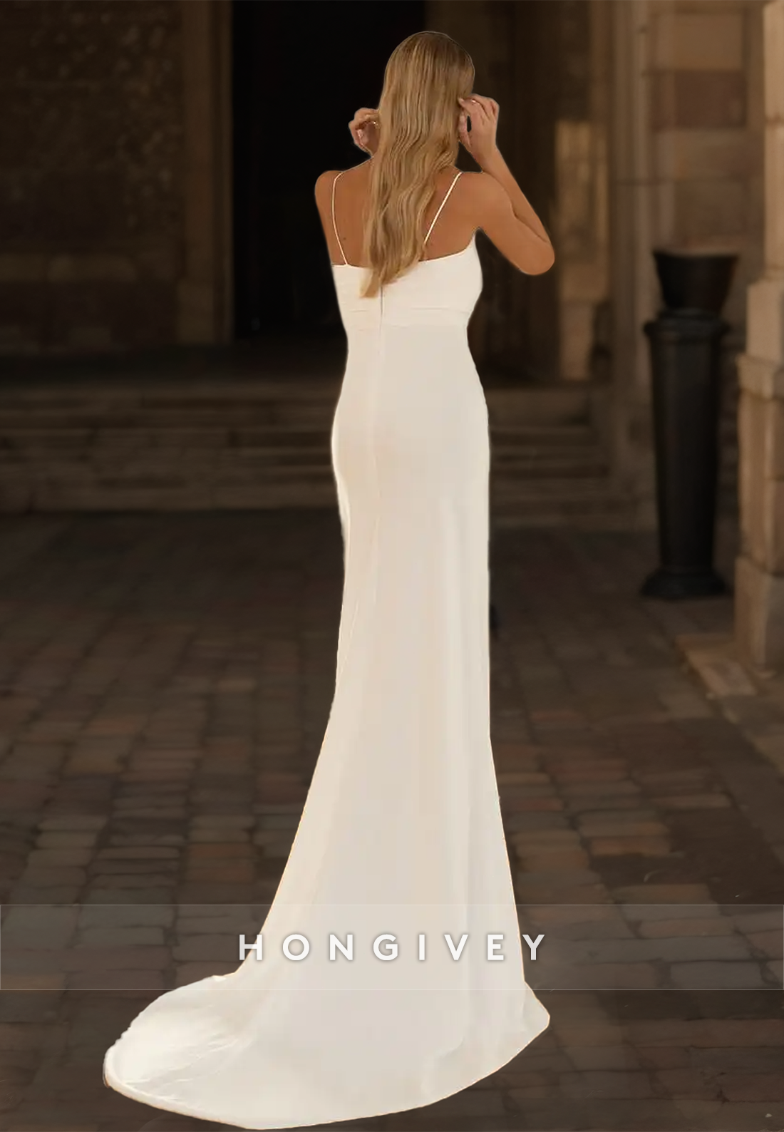 Straps Wedding Dress With Side Slit Simple Sleeveless Satin Bride Gown