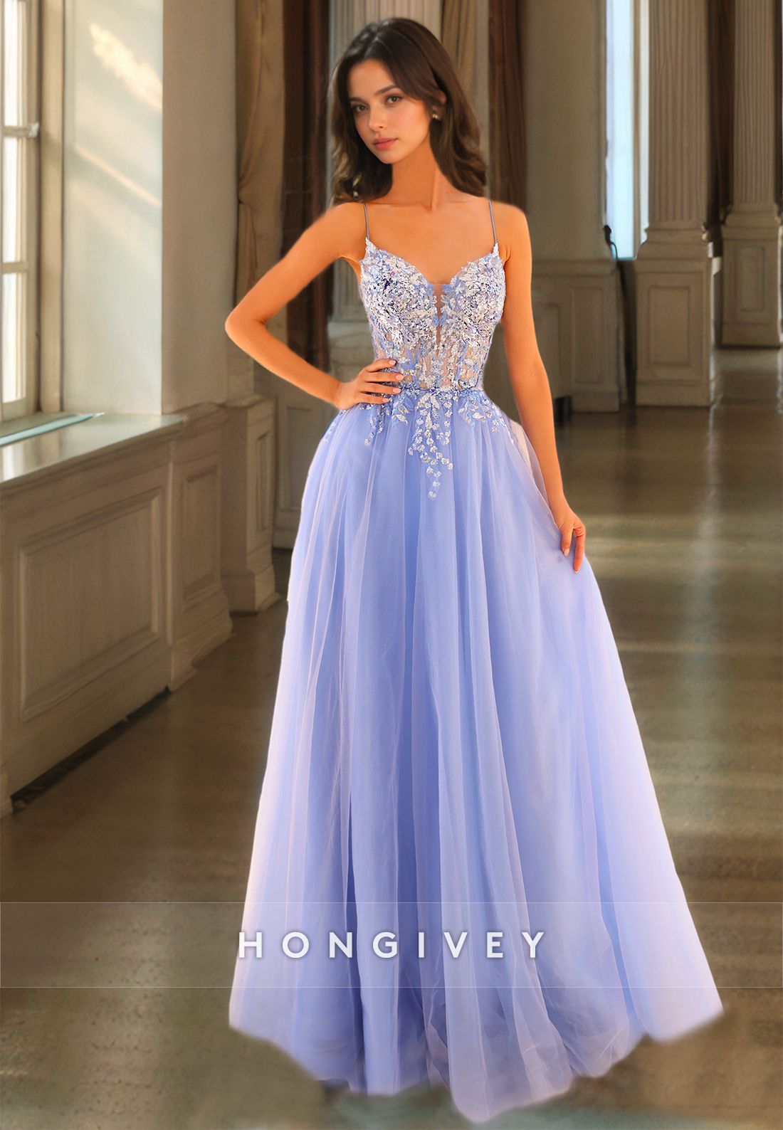 Sweetheart Tulle Prom Dress Straps Aline Applique Floorlength Formal Party Gown