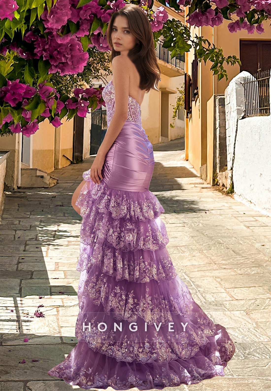 Sparkle Strapless Applique Purple Ruffles With Slit Evening Dress Prom Gown