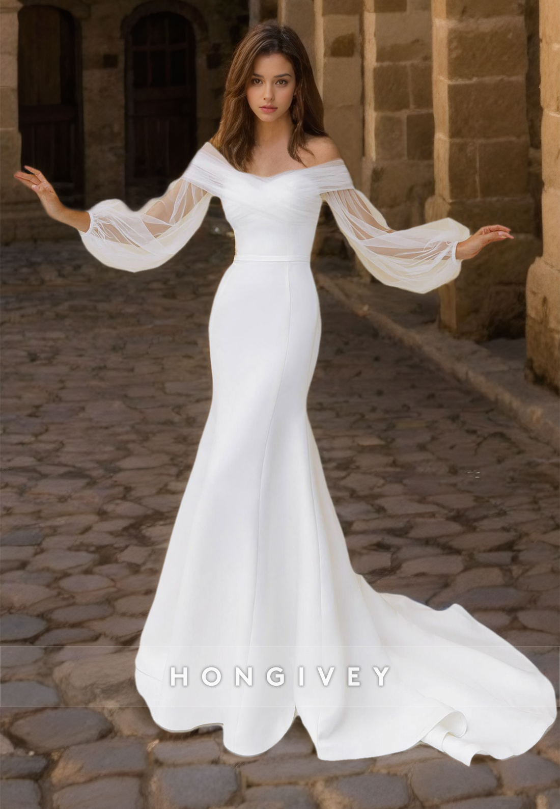 Long Sleeves Mermaid Wedding Dress With Train Simple Satin Bride Gown