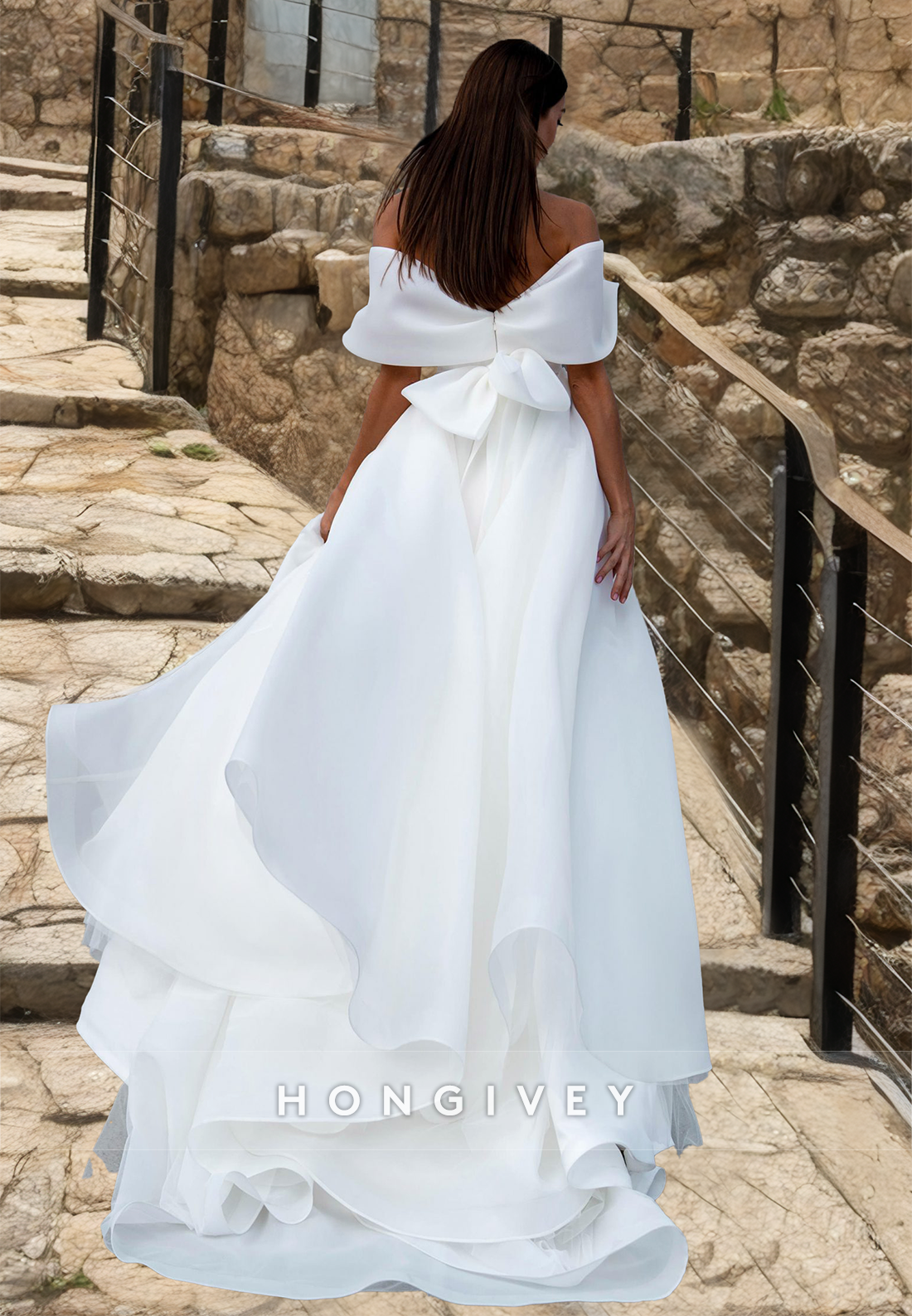 Elegant Offshoulder Wedding Dress With Train Bow Aline Side Slit Bride Gown