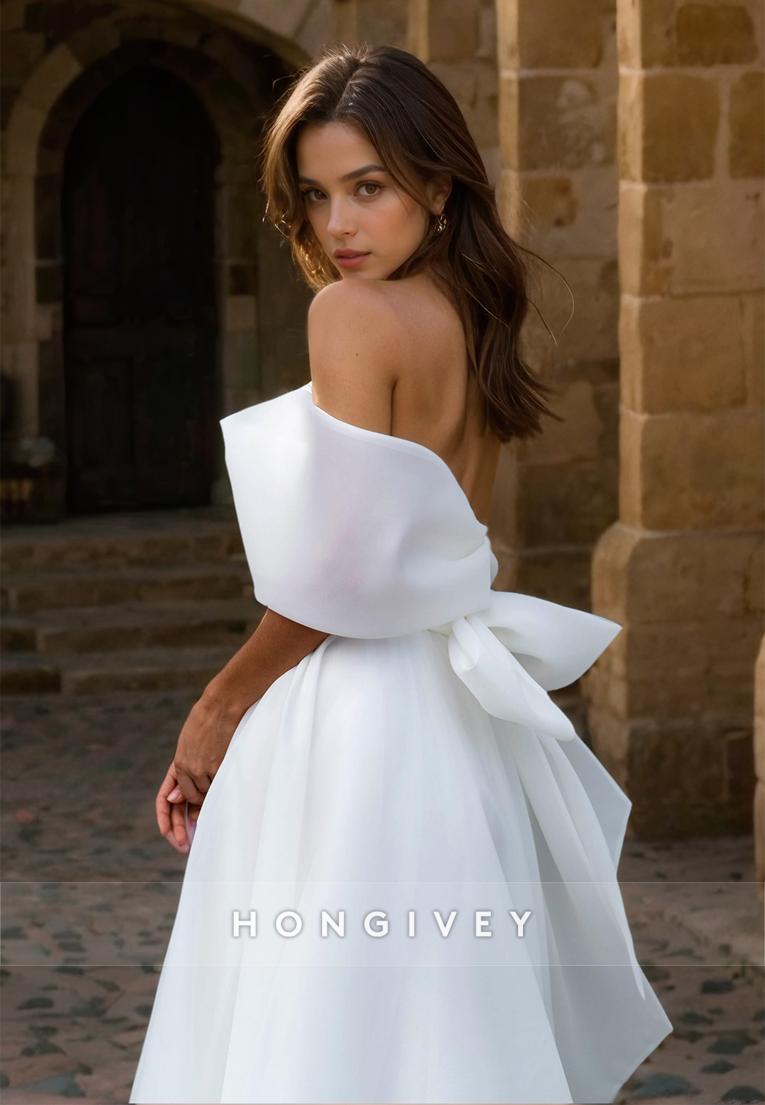 Elegant Offshoulder Wedding Dress With Train Bow Aline Side Slit Bride Gown