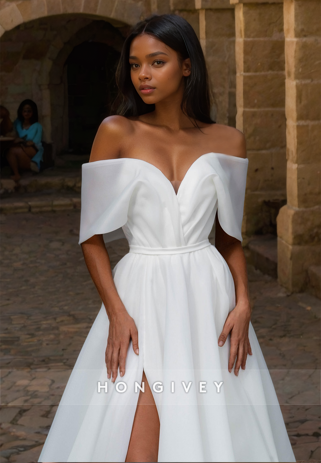 Elegant Offshoulder Wedding Dress With Train Bow Aline Side Slit Bride Gown