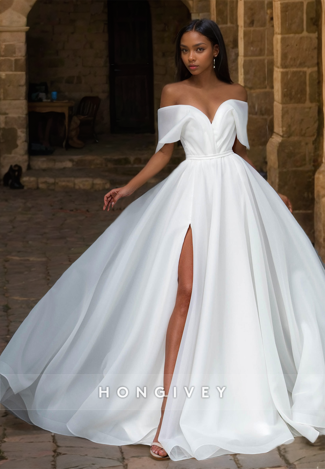 Elegant Offshoulder Wedding Dress With Train Bow Aline Side Slit Bride Gown