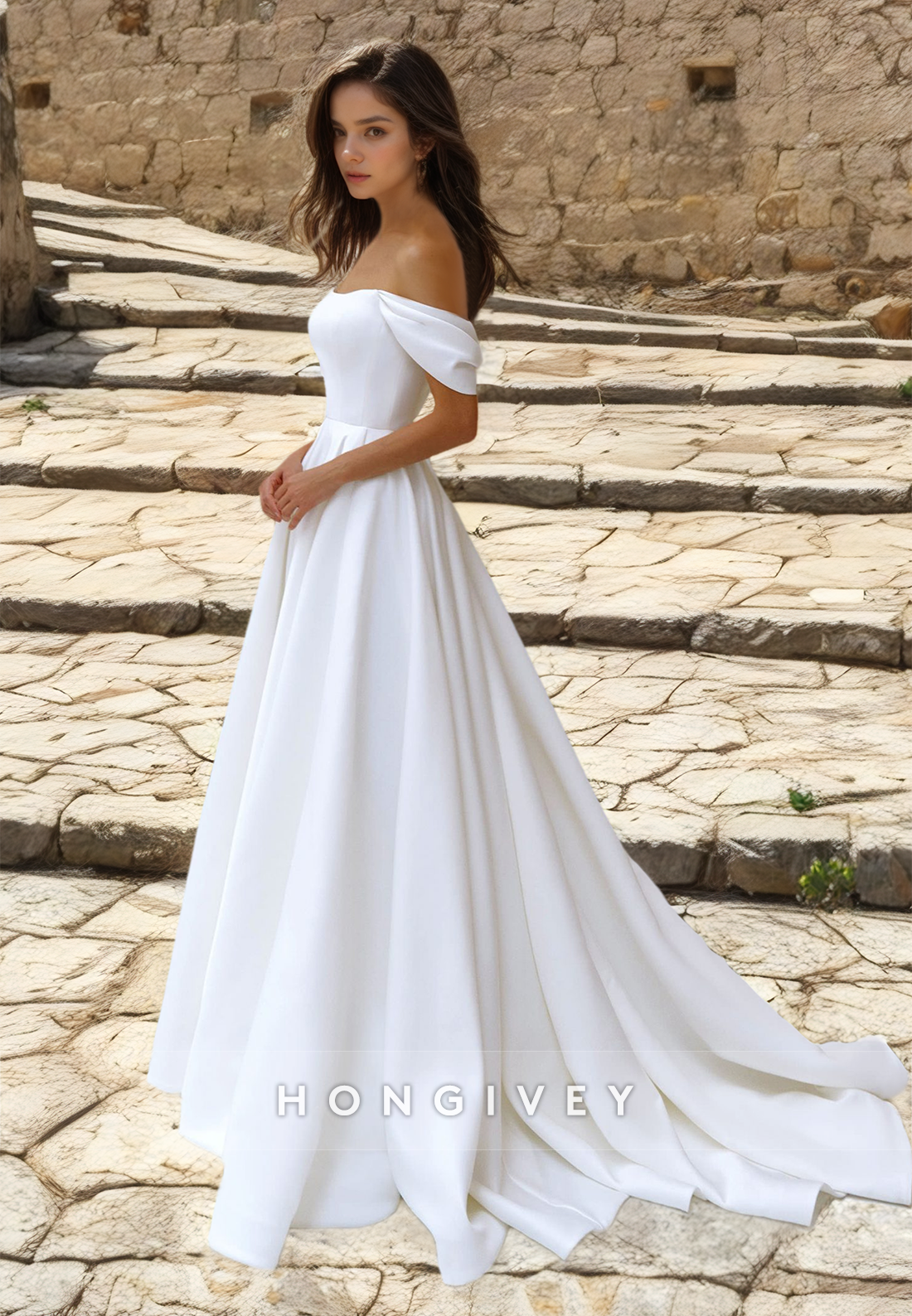 Offshoulder Strapless Sleeveless Aline Floorlength Wedding Dress With Train