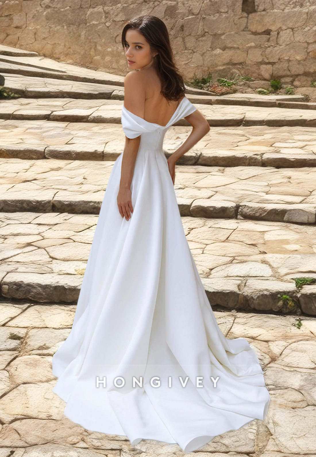 Offshoulder Strapless Sleeveless Aline Floorlength Wedding Dress With Train