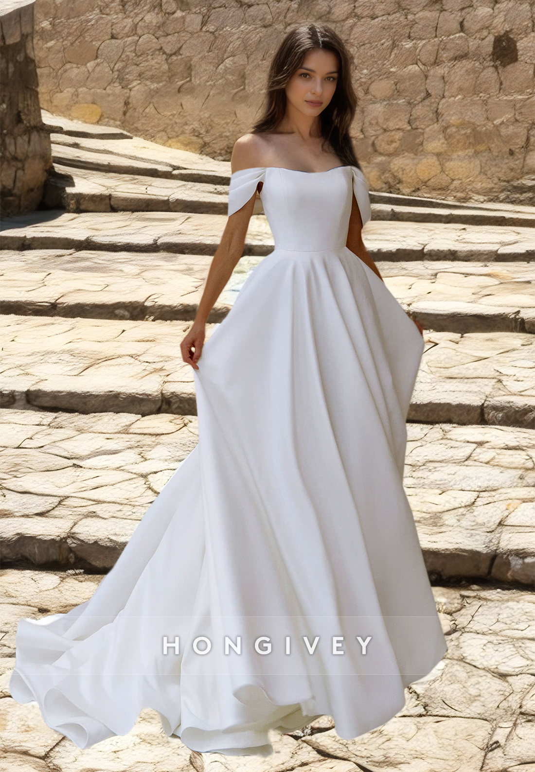 Offshoulder Strapless Sleeveless Aline Floorlength Wedding Dress With Train