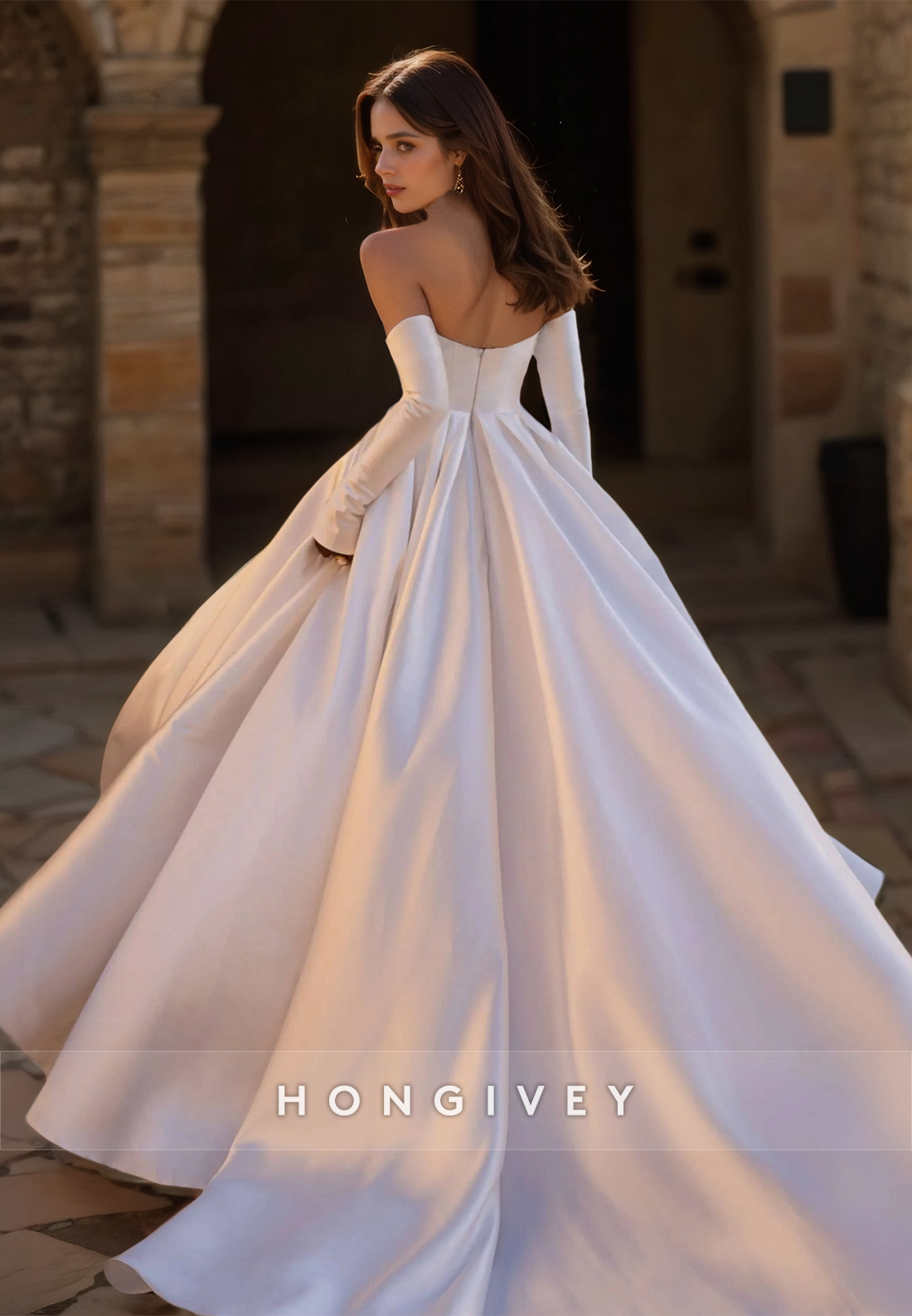 Chic Long Sleeves Aline Side Slit Satin Wedding Dress With Train