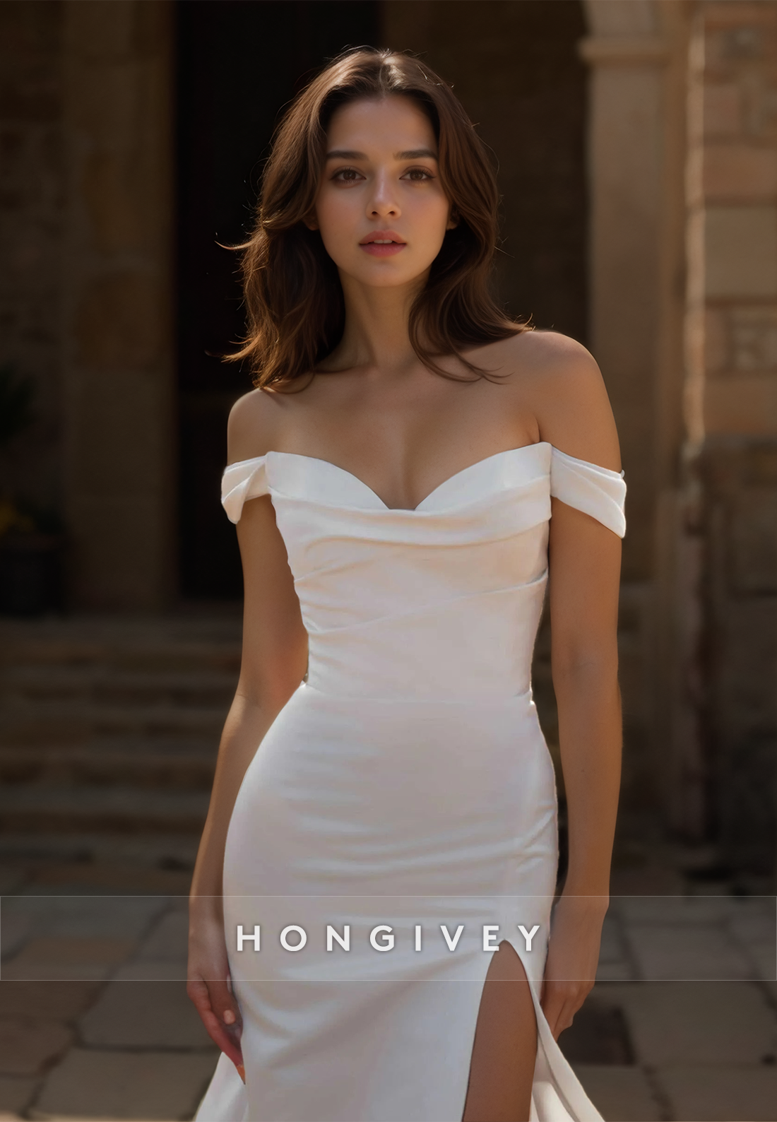 Simple Sweetheart Offshoulder Mermaid Wedding Satin Dress With Side Slit