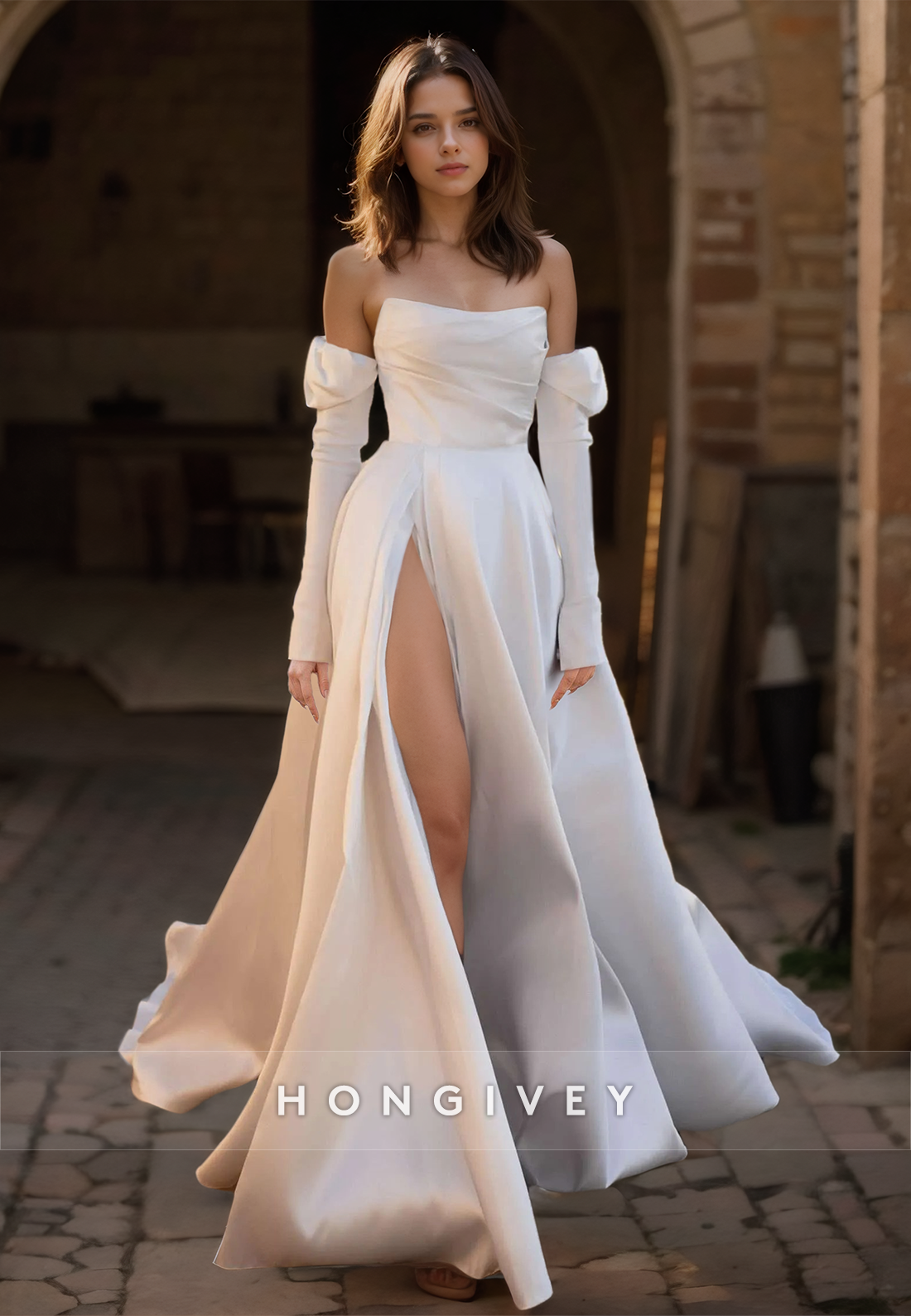 Chic Long Sleeves Aline Side Slit Satin Wedding Dress With Train