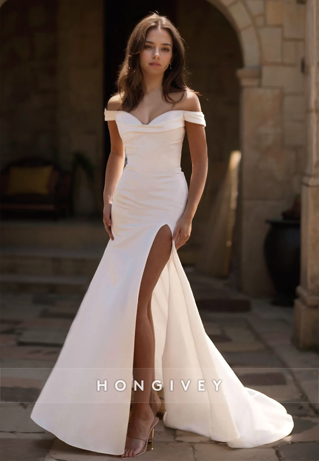 Simple Sweetheart Offshoulder Mermaid Wedding Satin Dress With Side Slit