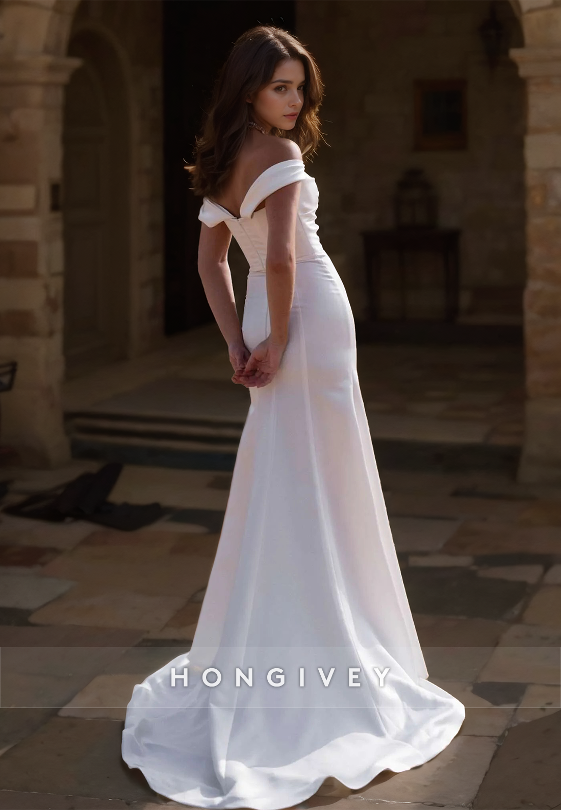 Simple Sweetheart Offshoulder Mermaid Wedding Satin Dress With Side Slit