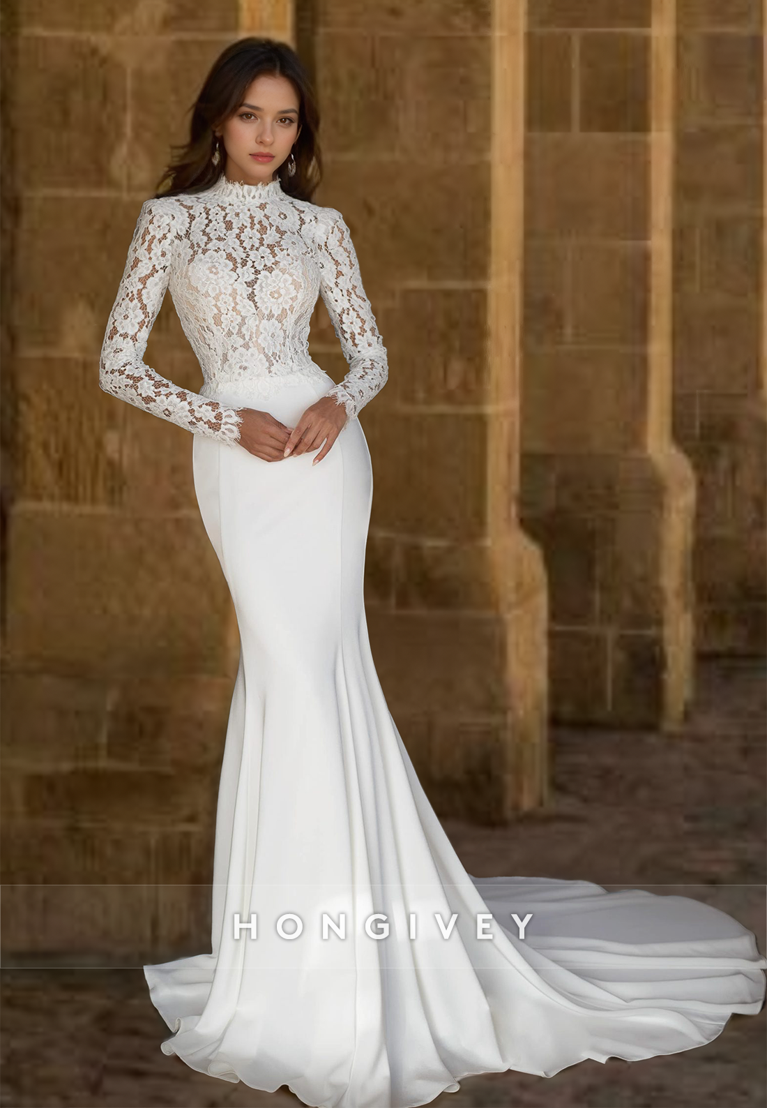 High Neck Applique Mermaid Wedding Dress With Train Sleeves Backless Bride Gown