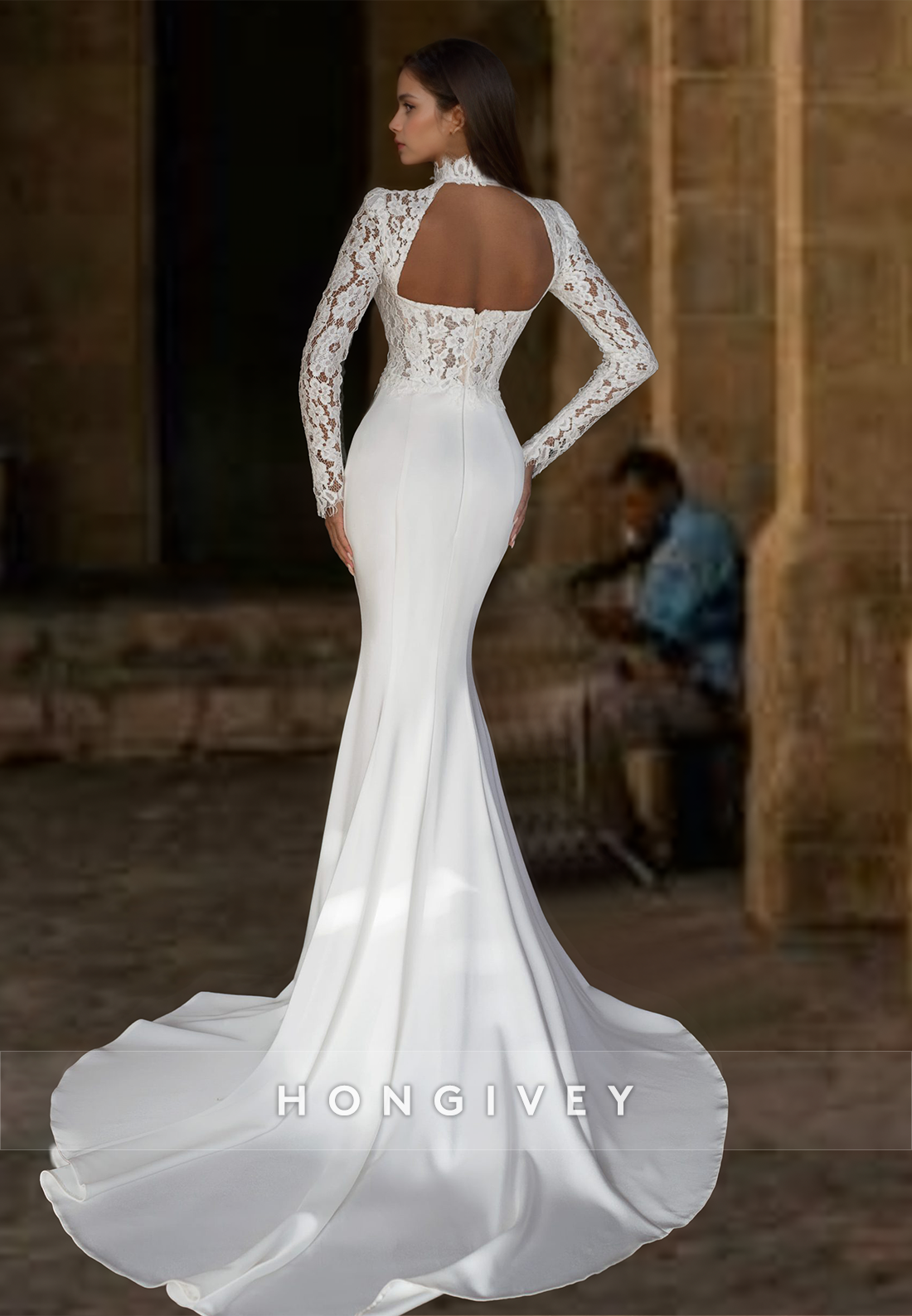 High Neck Applique Mermaid Wedding Dress With Train Sleeves Backless Bride Gown