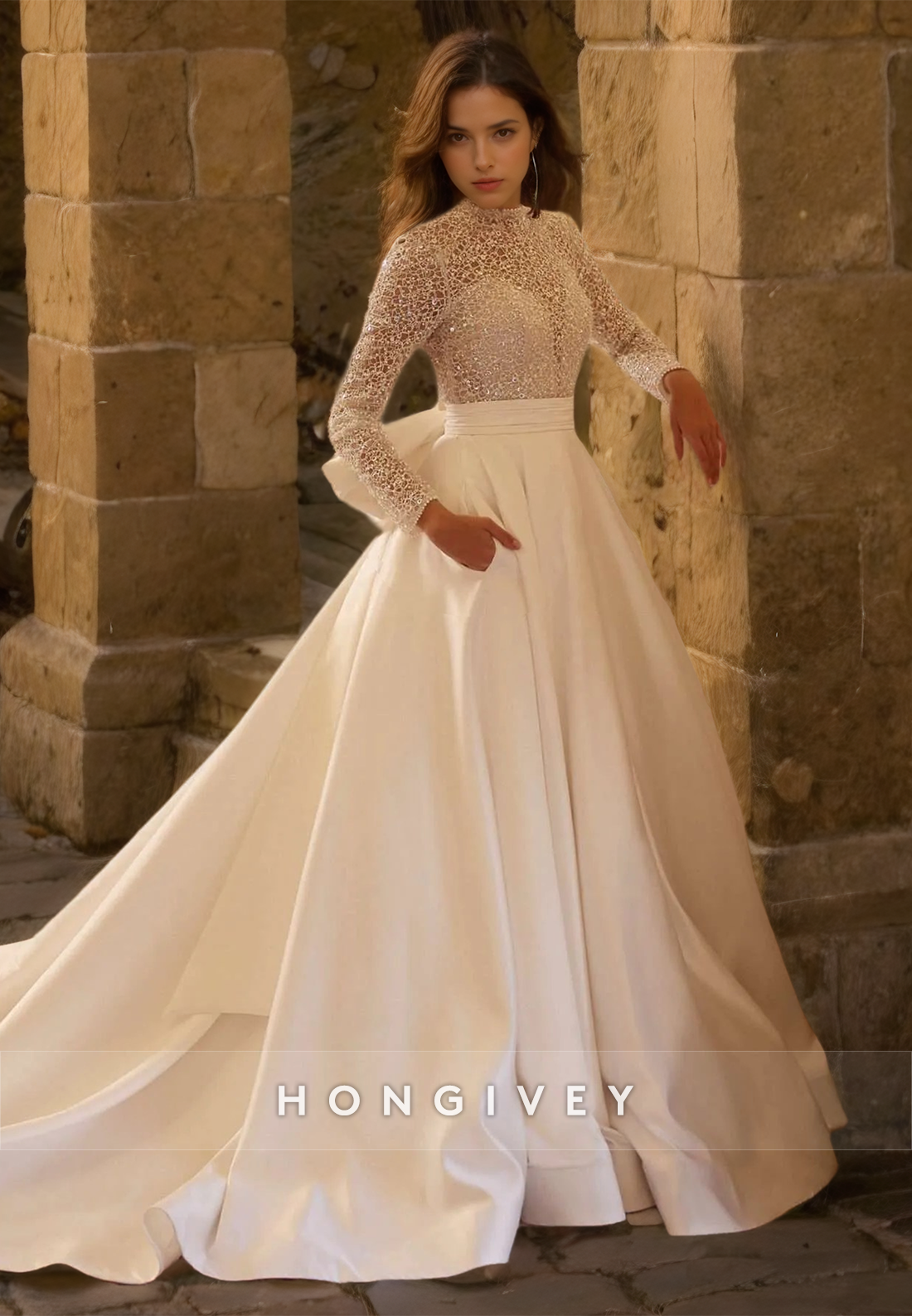 Glitter High Neck Wedding Dress With Train Long Sleeves Aline Satin Bride Gown