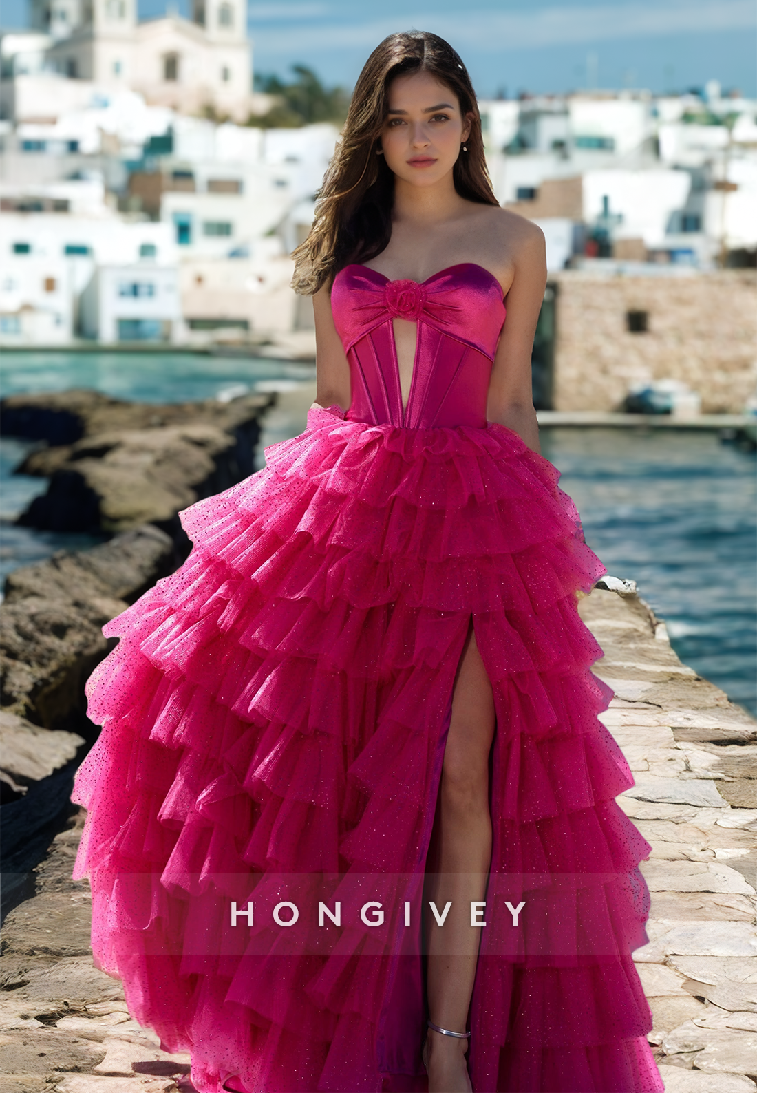 Strapless Tulle Prom Dress Fuchsia Tiered Aline Evening Dress Quinceanera Dresses