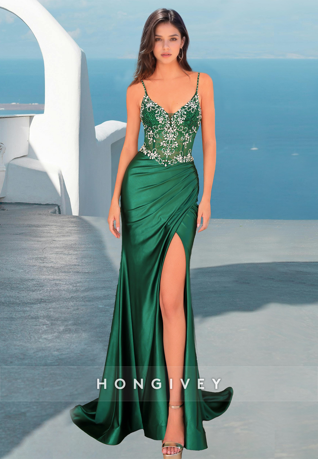 Gorgeous Green Formal Evening Dress Straps Beaded Long Prom Gown