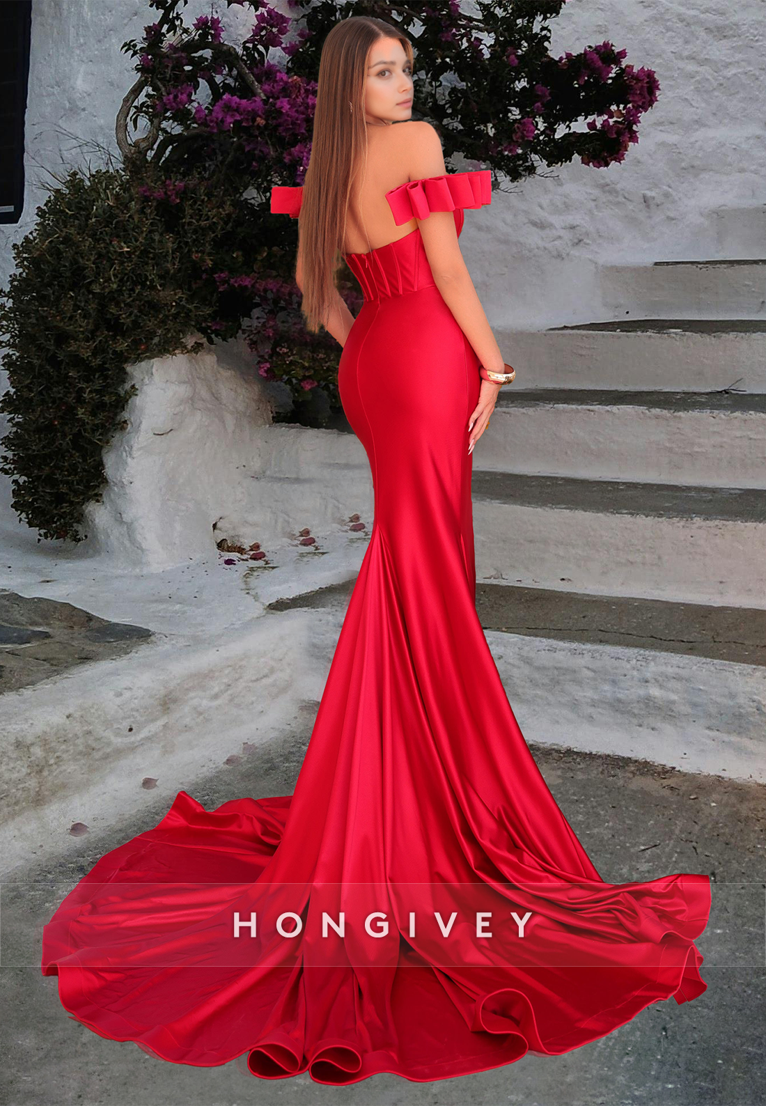 Designed Red Offshoulder Mermaid Formal Evening Dress Strapless Prom Gown