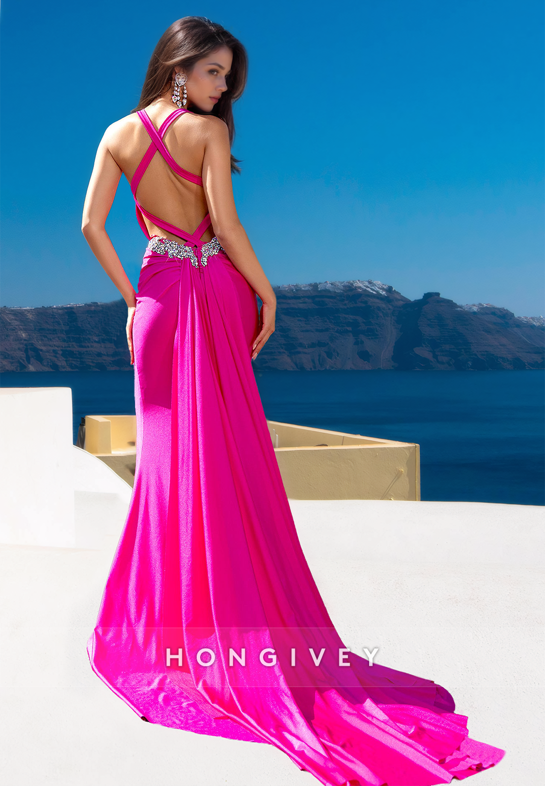 Open Back Fuchsia Mermaid Formal Evening Dress Straps Prom Gown