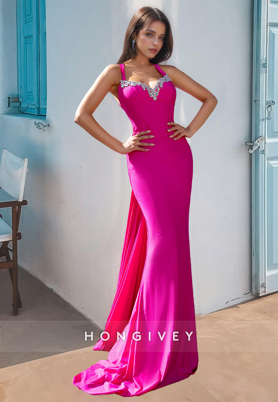 Open Back Fuchsia Mermaid Formal Evening Dress Straps Prom Gown