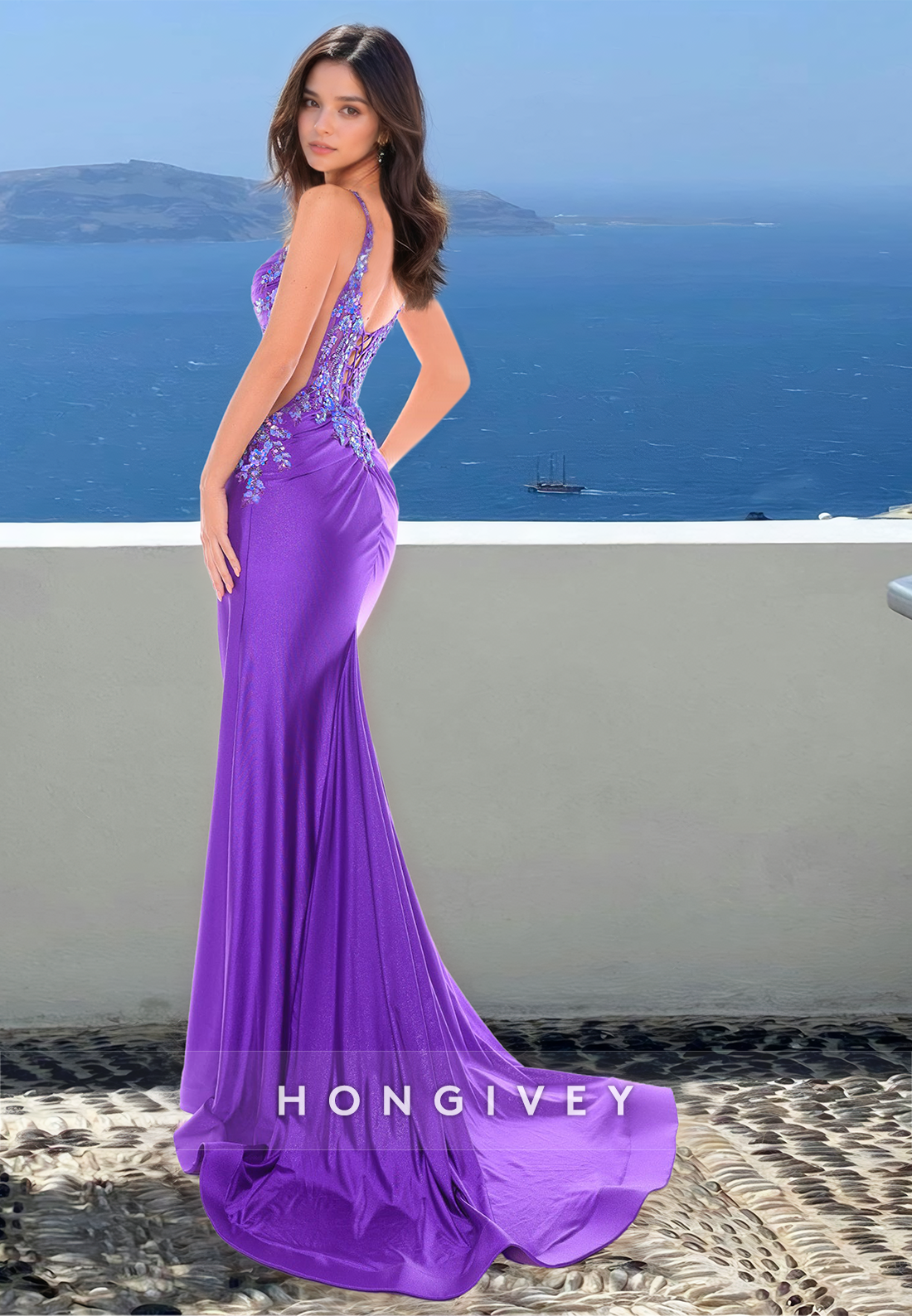 Sparkle Floral Formal Evening Dress Beaded Purple Straps Side Slit Prom Gown